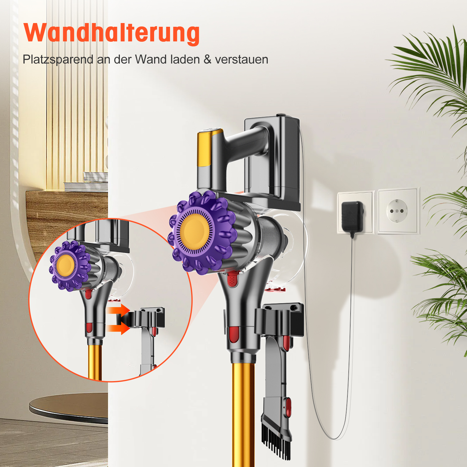 Ein Akkustaubsauger ist an einer weißen Wand montiert und lädt über einen eingesteckten Adapter.