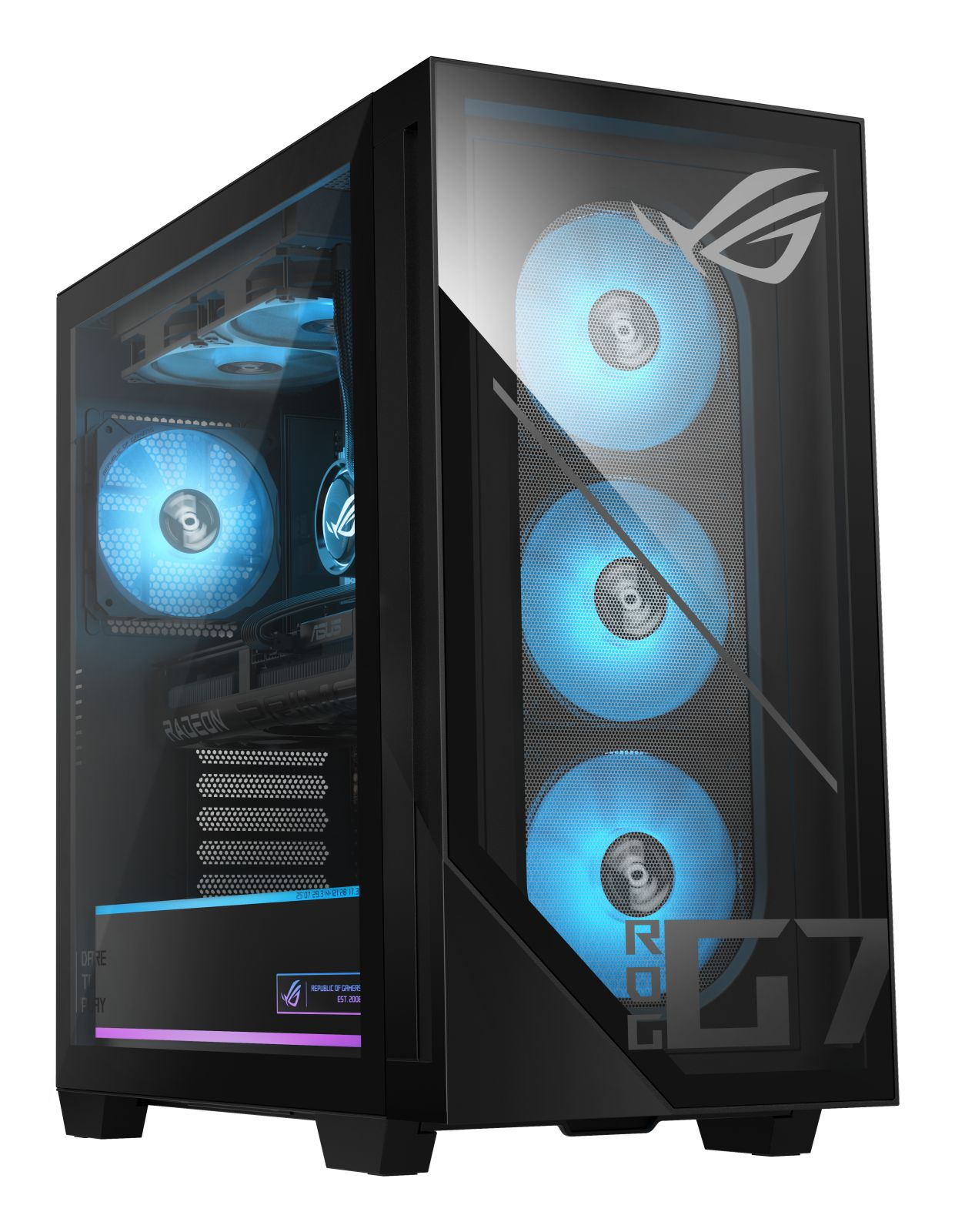 Torre PC da gioco nera con pannello laterale in vetro e ventole blu luminose.