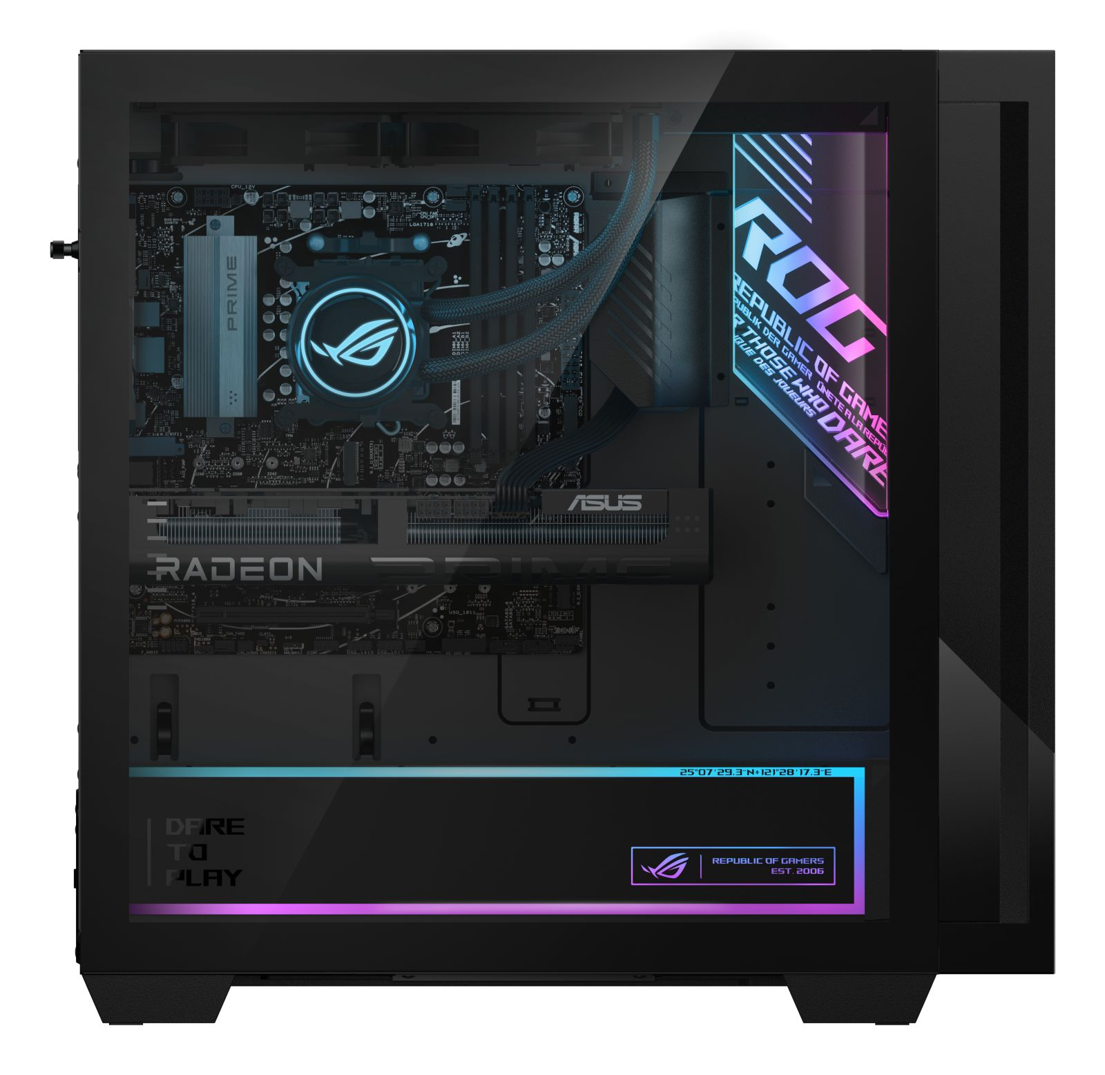 Interno di un PC nero con raffreddamento a liquido blu, scheda madre ASUS e luci ROG colorate.