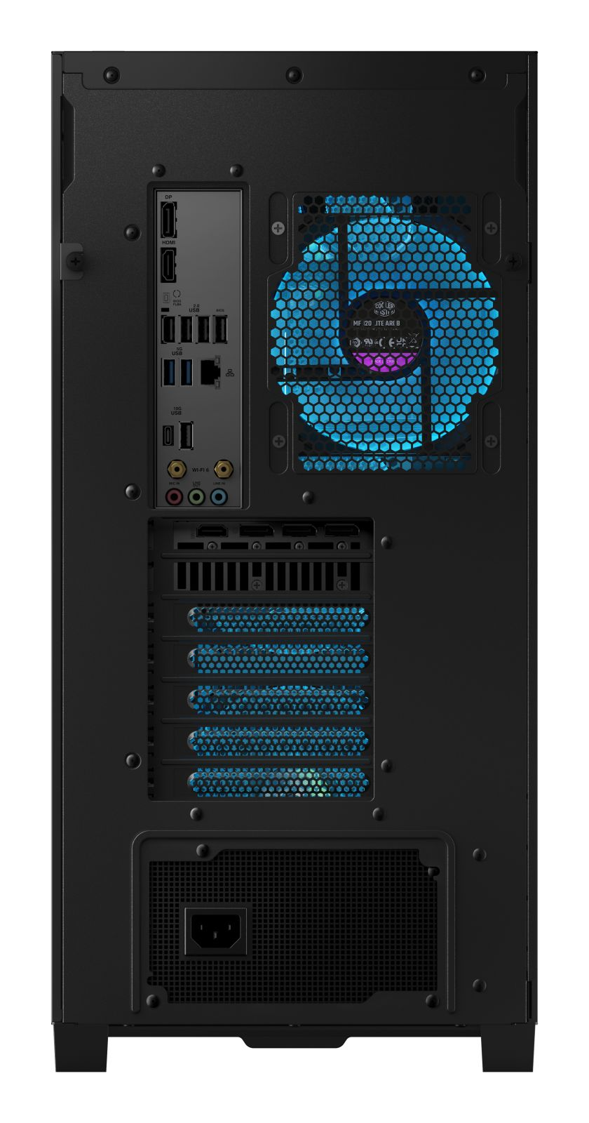 Il retro di un case per PC nero con porte, una ventola di raffreddamento blu luminosa e slot di espansione.