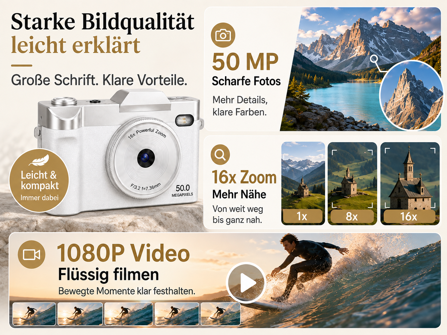 Eine weiße Kompaktkamera mit 50 MP, 16x Zoom und 1080p Video, beworben mit Natur- und Actionfotos.