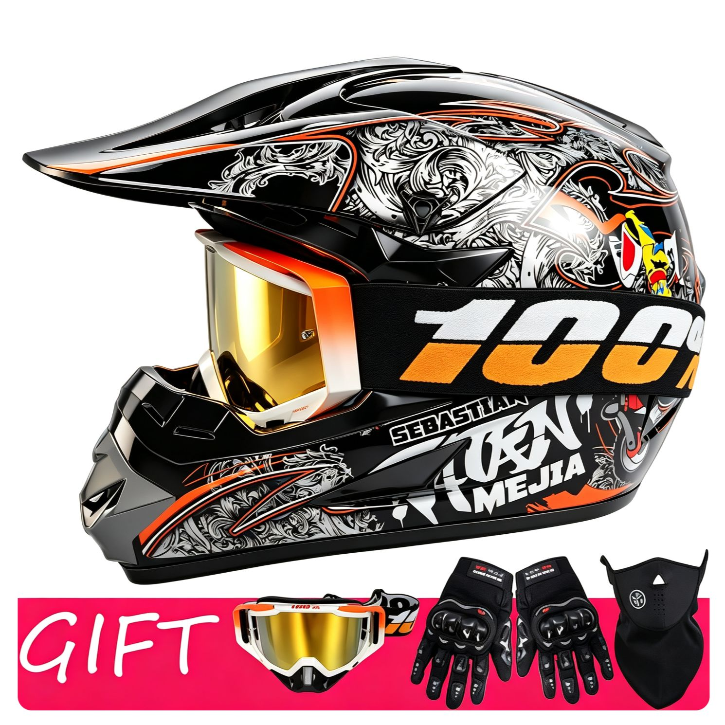 Casco de motocross negro con gráficos blancos y naranjas, visor dorado y guantes, gafas y máscara de regalo.