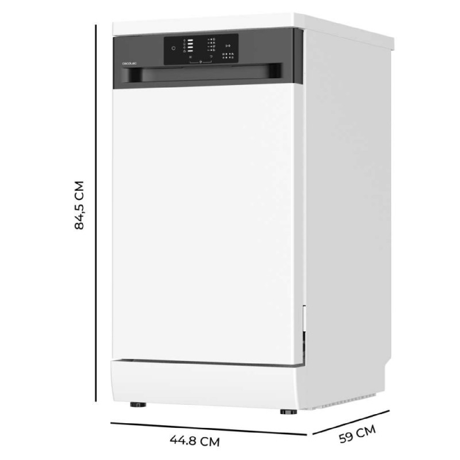 Un lavavajillas blanco con dimensiones de 84,5 cm de alto, 44,8 cm de ancho y 59 cm de fondo.