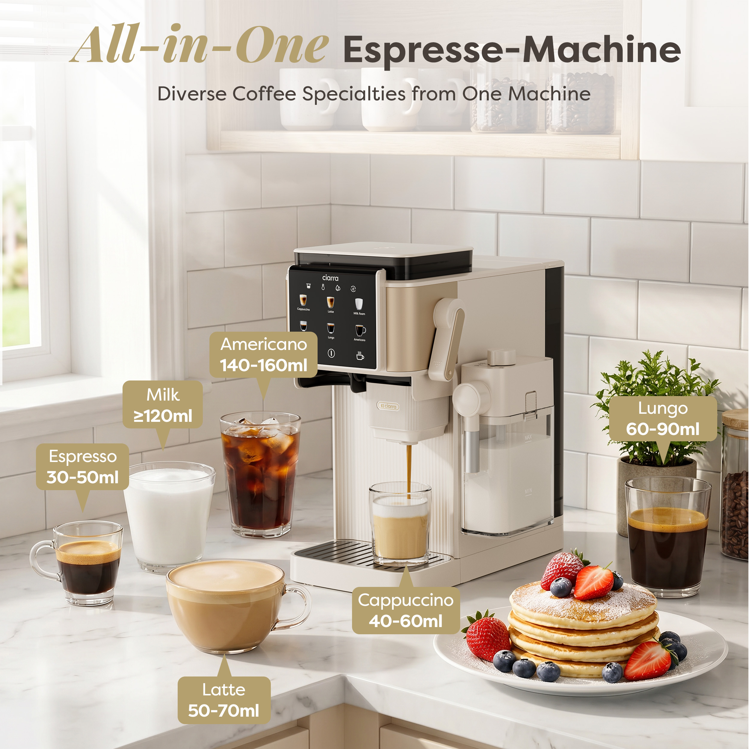 Machine à espresso beige sur un comptoir de cuisine entourée de cafés et de pancakes.