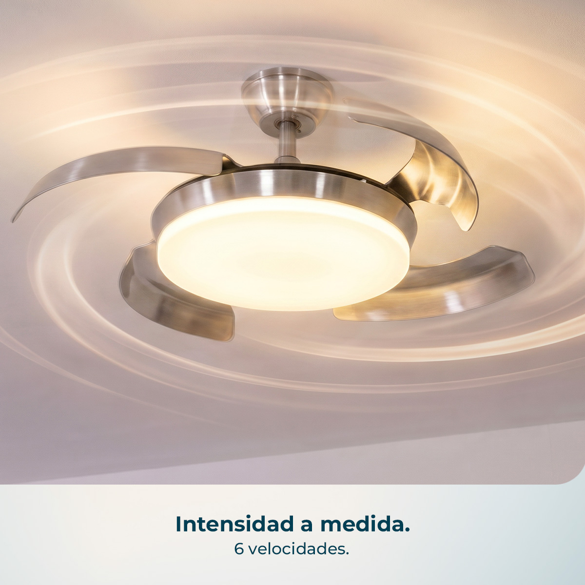 Moderno ventilatore da soffitto con pale curve e luce circolare illuminata.