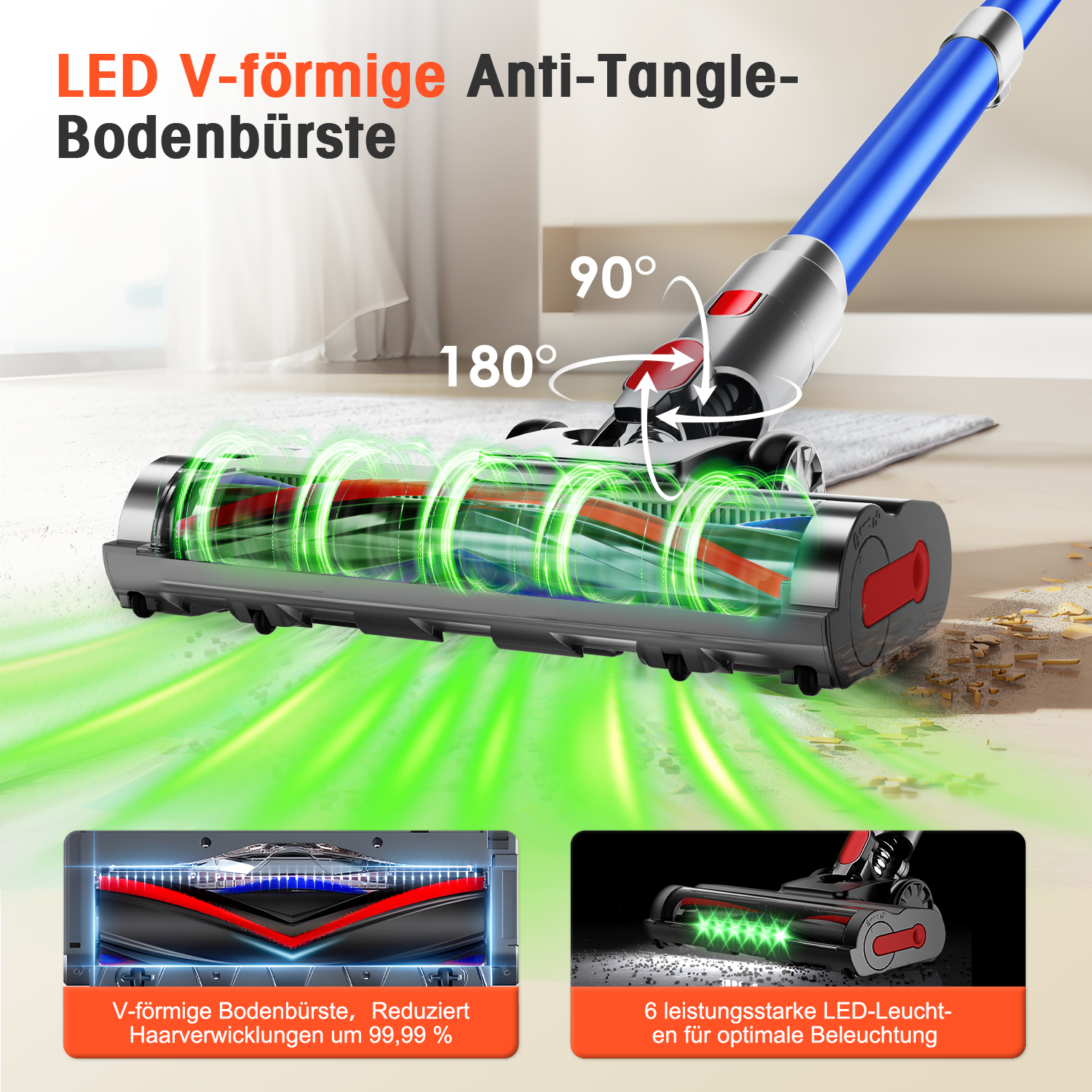 V-förmige Anti-Tangle-Bodenbürste mit LED-Beleuchtung und 180-Grad-Drehung.