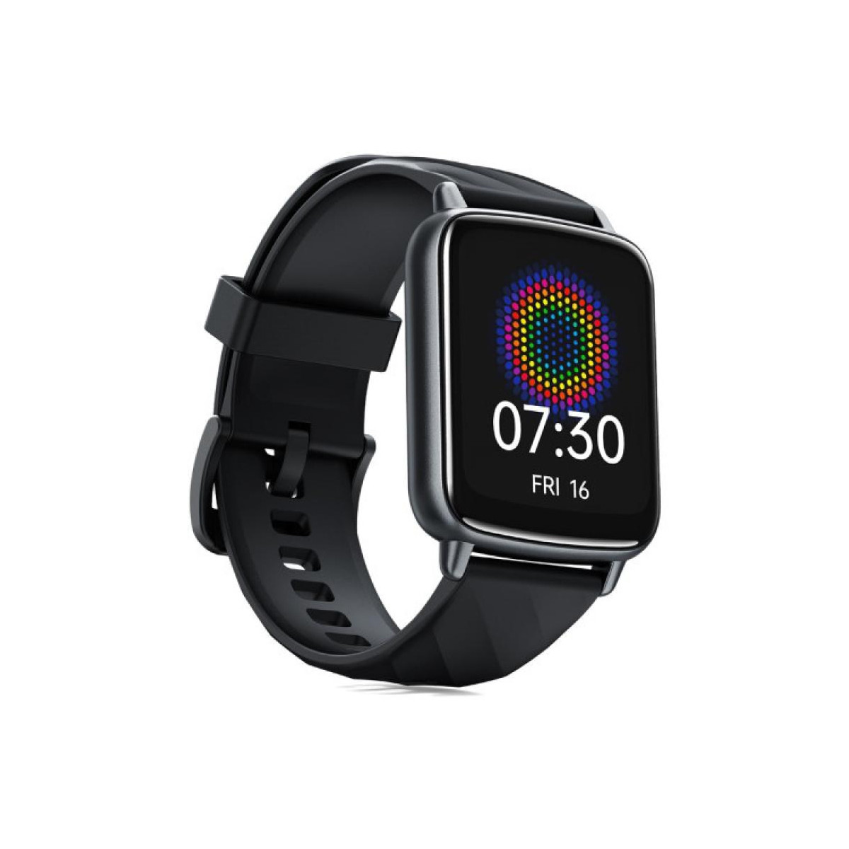 Un reloj inteligente negro con pantalla cuadrada, muestra las 07:30 y fecha Vie 16, con un diseño circular colorido.
