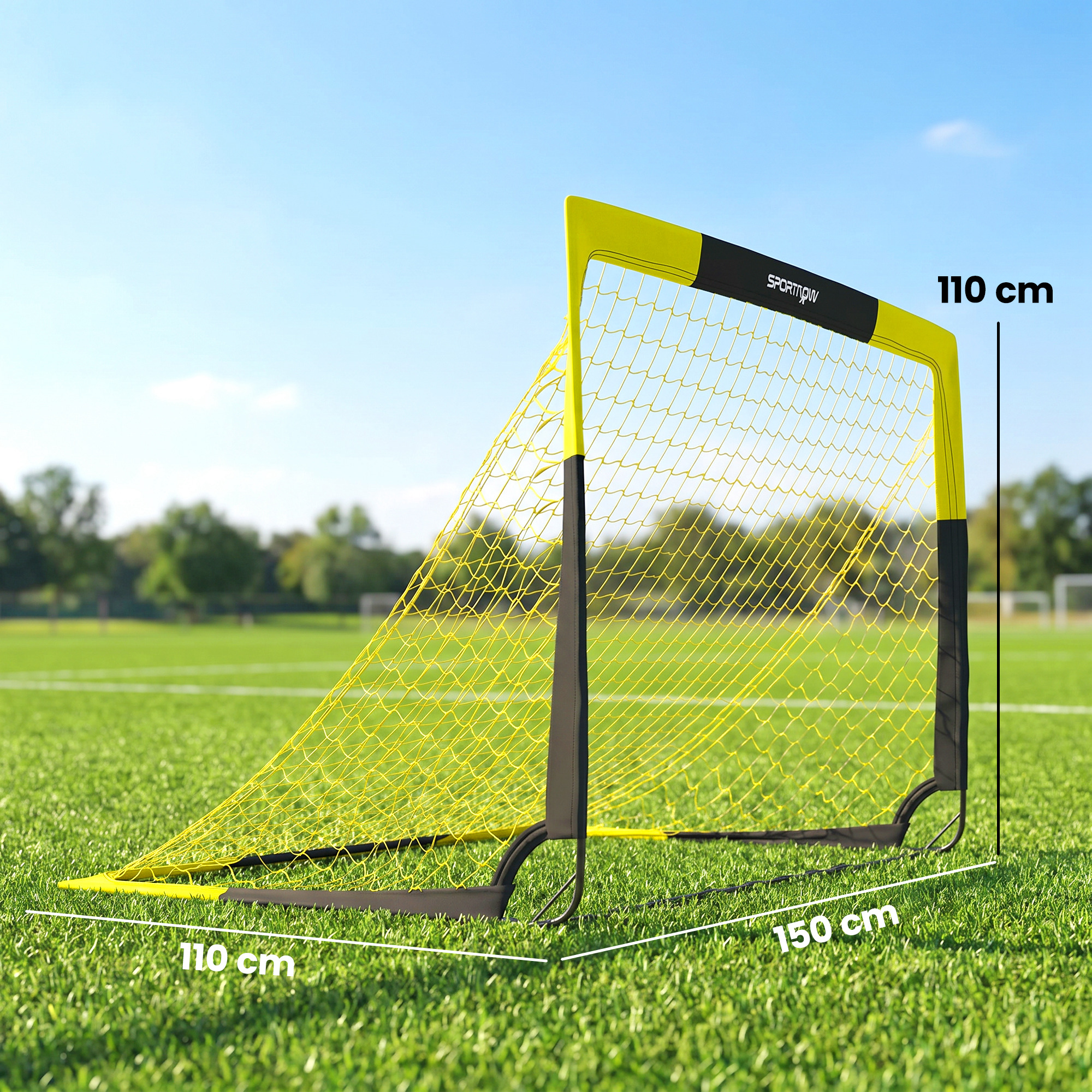 Una portería de fútbol amarilla y negra sobre césped verde con medidas.