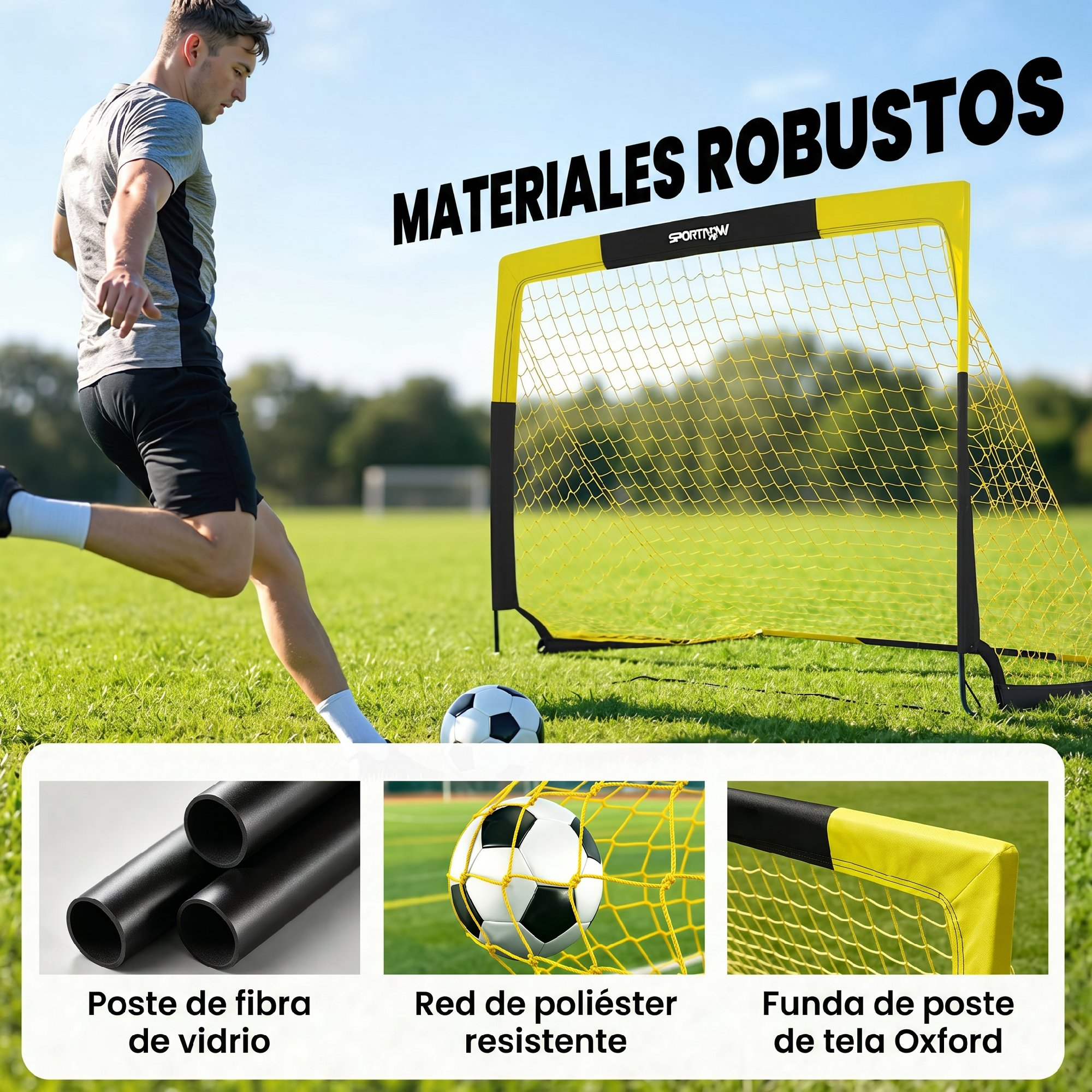 Un jugador chuta hacia una portería amarilla con red, texto 'MATERIALES ROBUSTOS', y tres fotos de detalle abajo.