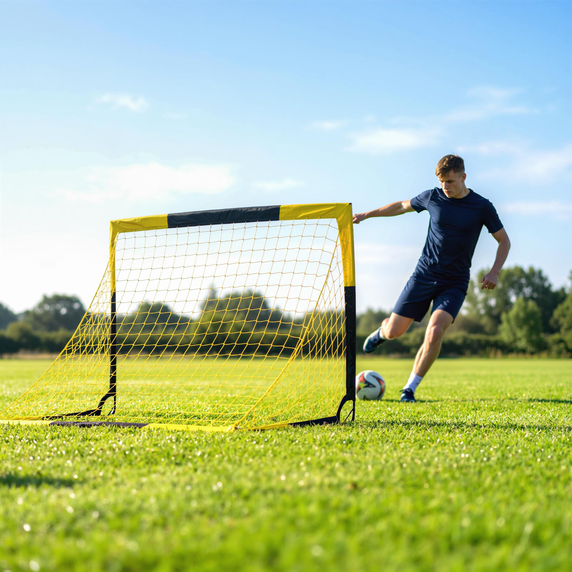 Un joven jugador de fútbol patea el balón hacia una pequeña portería amarilla en un campo de césped verde.