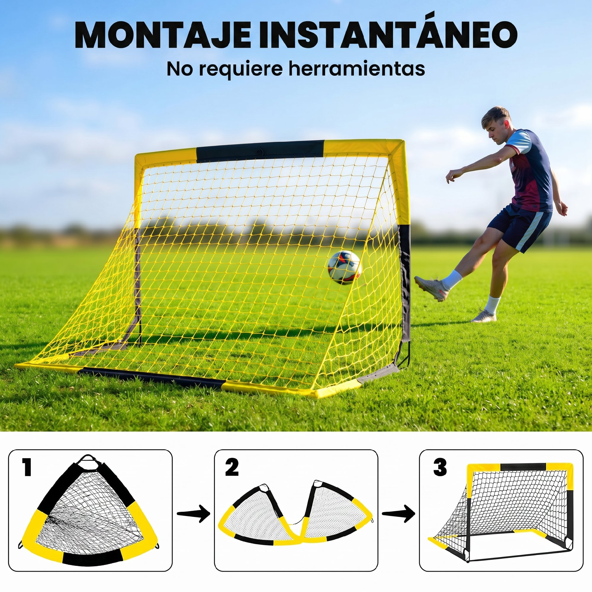 Un chico patea un balón hacia una portería de fútbol amarilla en el césped, con tres pasos de montaje.