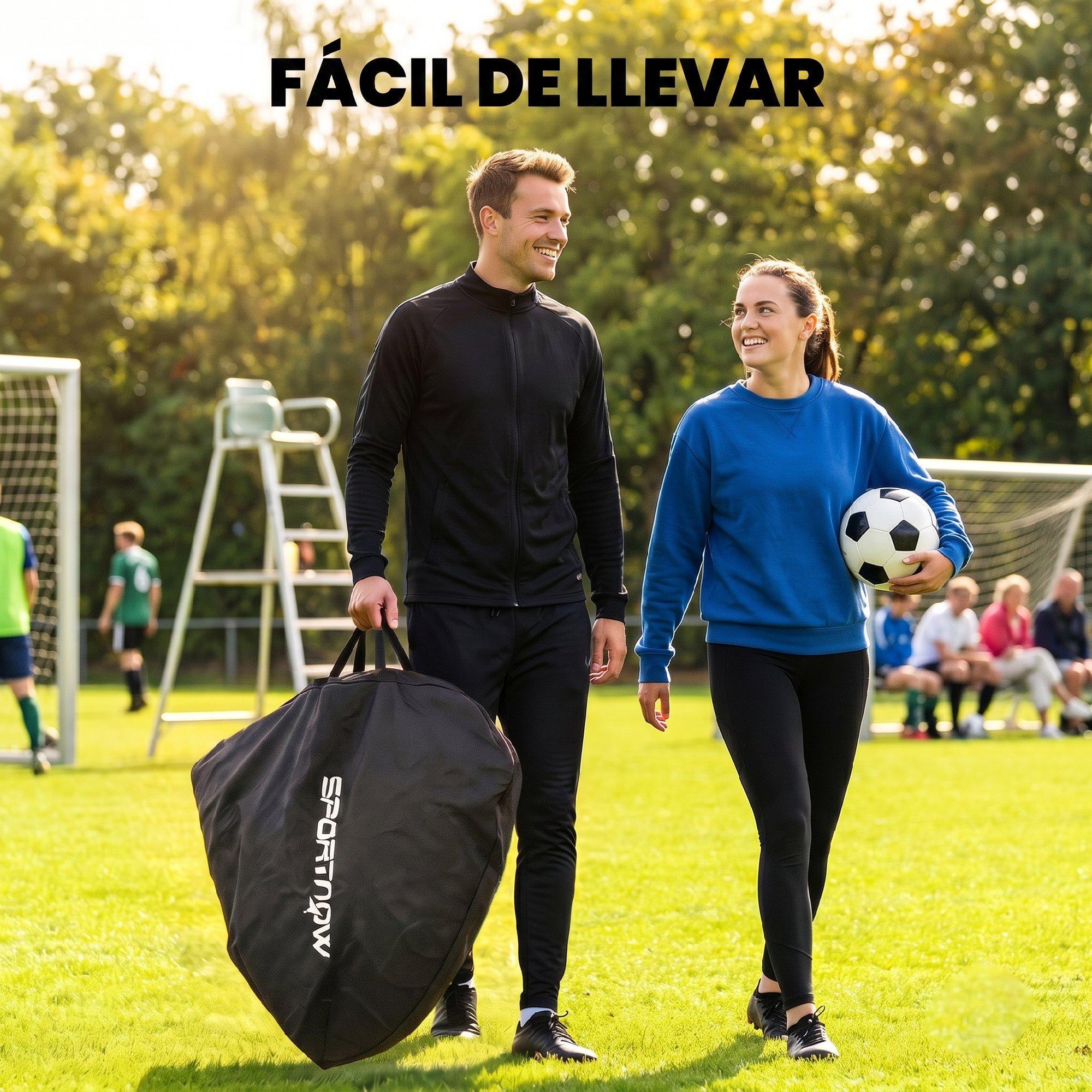 Un hombre cargando una bolsa deportiva y una mujer sosteniendo un balon de futbol caminan juntos.