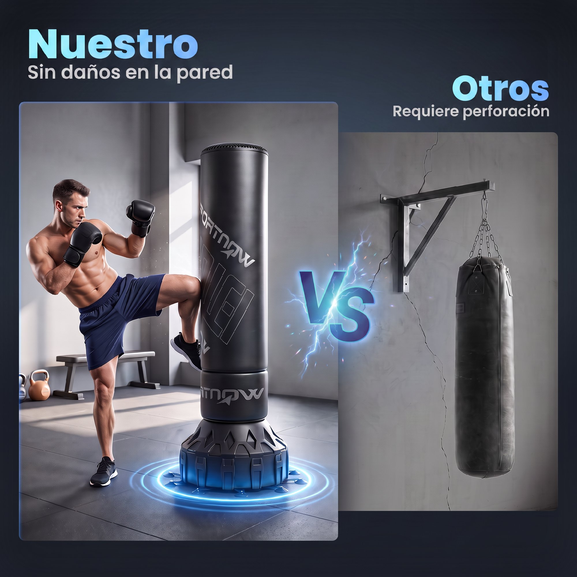 Comparación de un saco de boxeo de pie sin taladrar frente a uno tradicional montado en la pared.