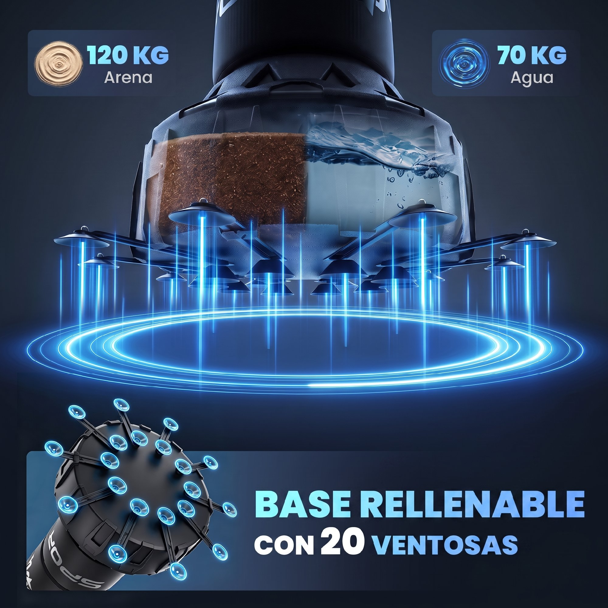 Base rellenable con peso de arena o agua, con veinte ventosas y anillos brillantes azules sobre fondo oscuro.