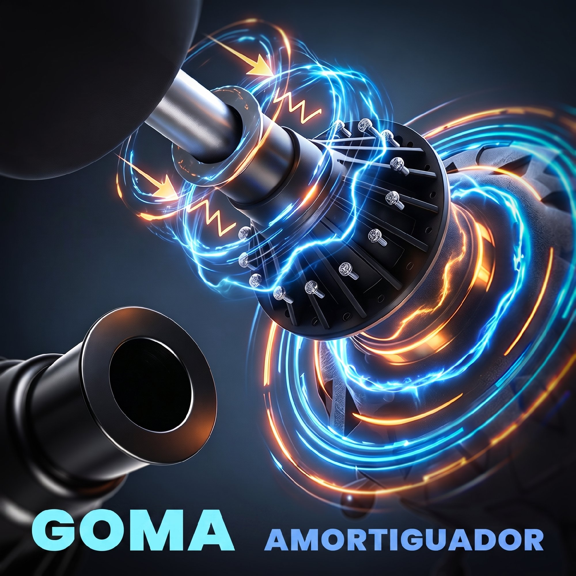 Amortiguador técnico con ondas de energía azules y naranjas.