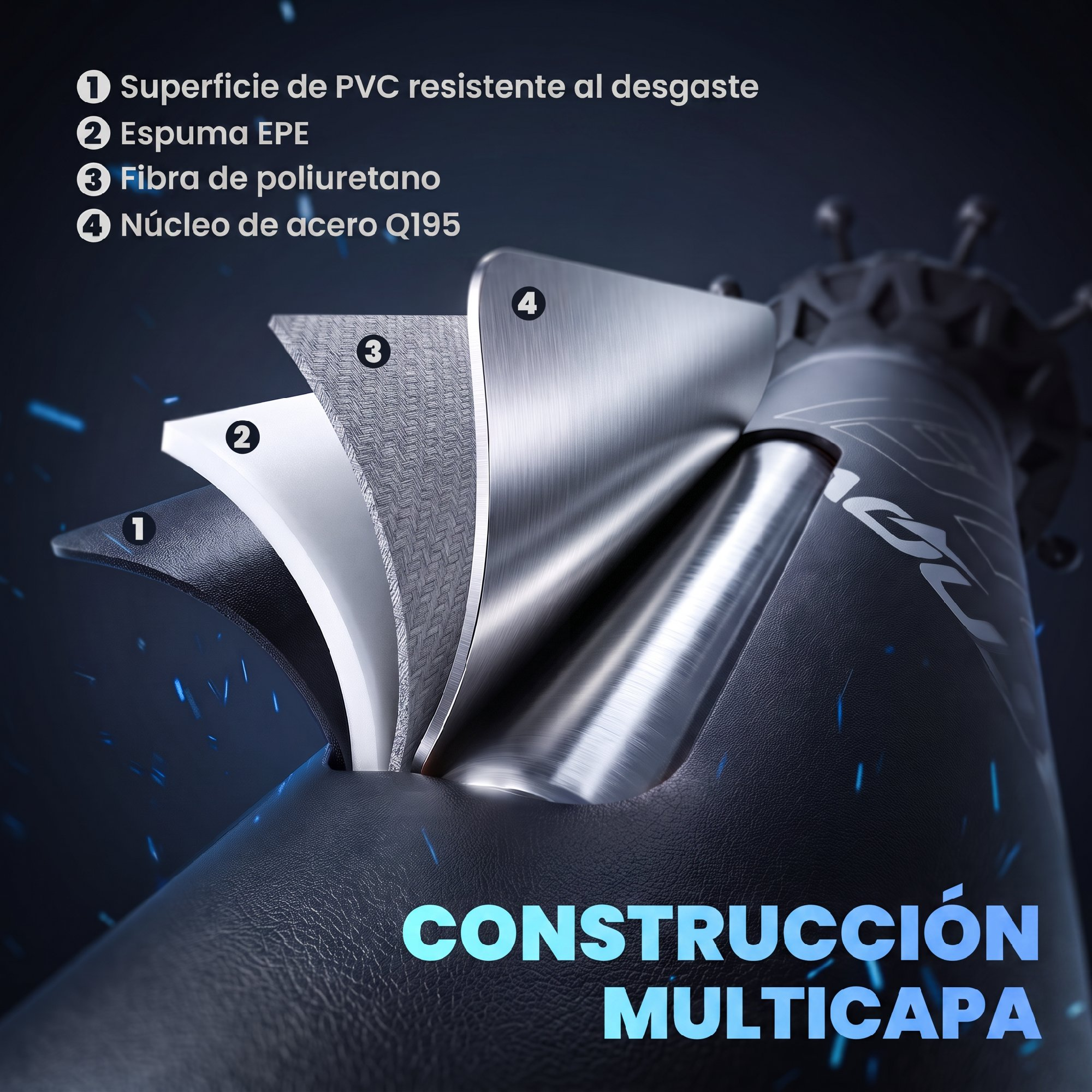 Diagrama muestra cuatro capas de material con PVC, espuma EPE, fibra de poliuretano y núcleo de acero.