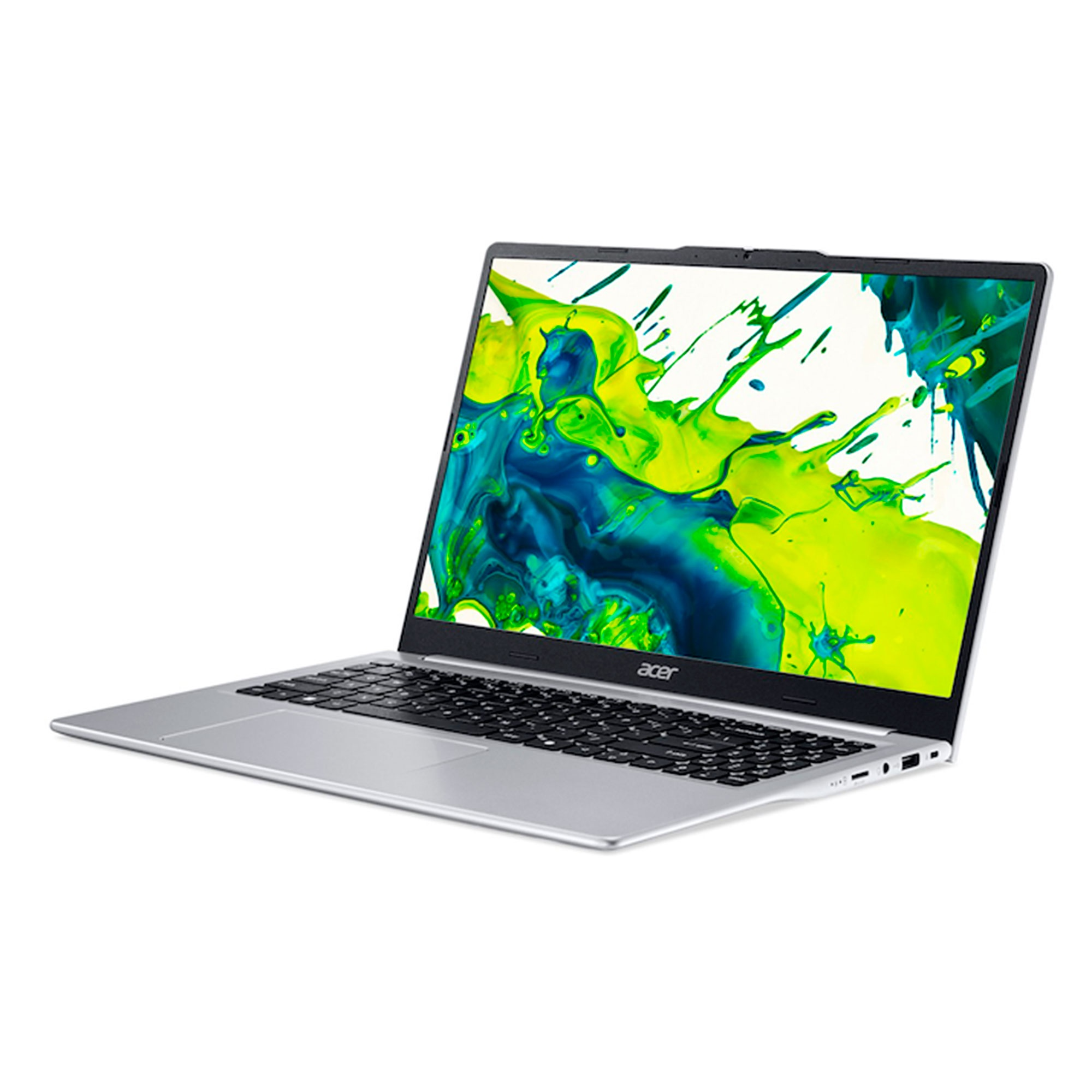 Un portátil Acer plateado con la pantalla abierta muestra arte abstracto azul y verde sobre fondo blanco.