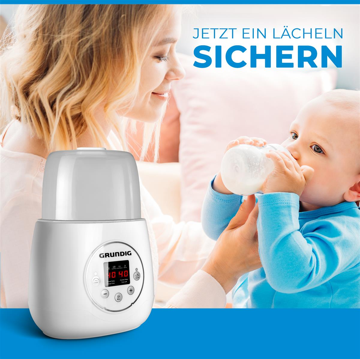 Une mère regarde son bébé buvant au biberon. Au premier plan se trouve un chauffe-biberon Grundig blanc.