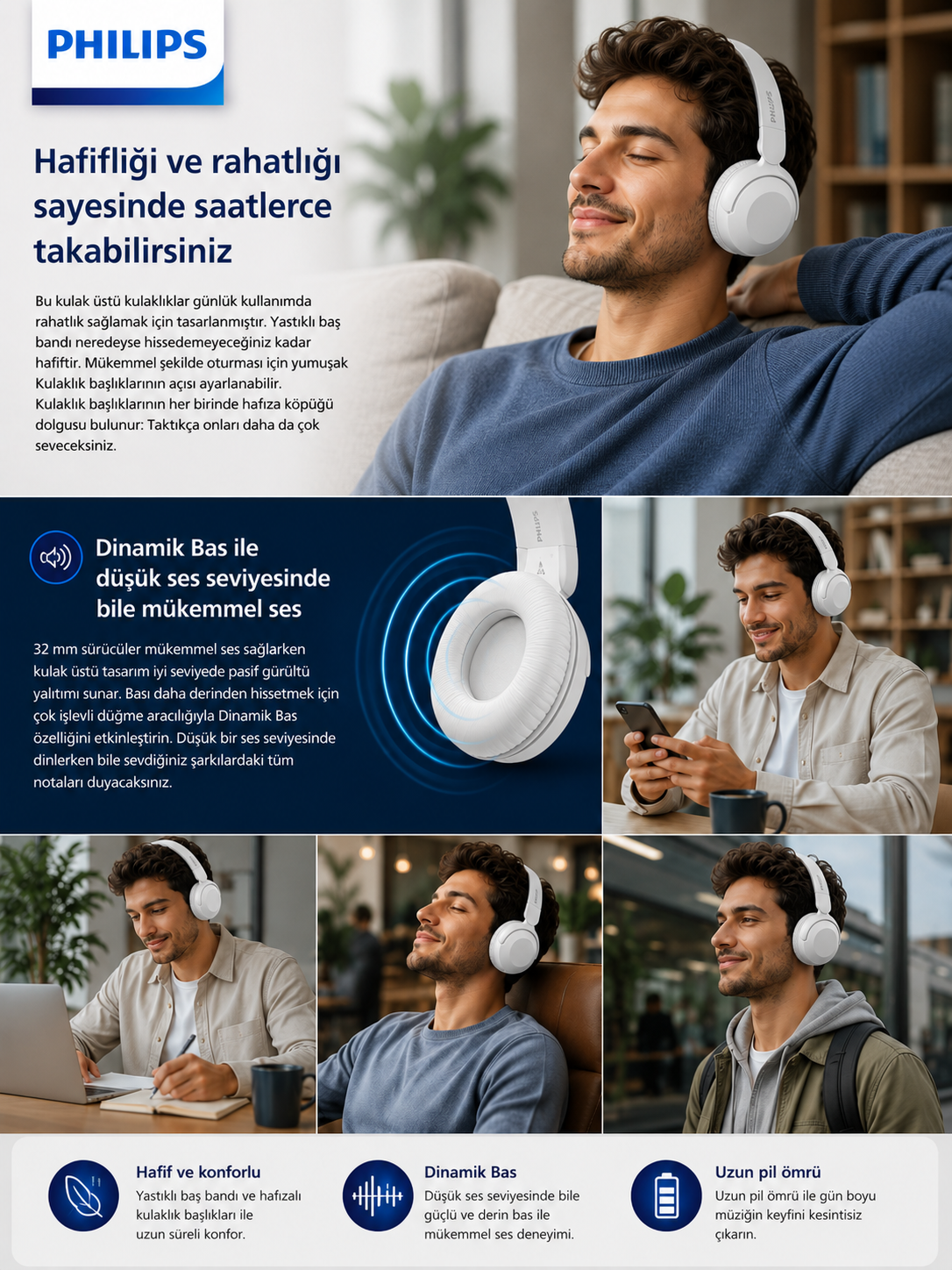 Beyaz kulak üstü kulaklık için Philips reklamı, müzik dinleyen rahat bir adam ve metin içeriyor.