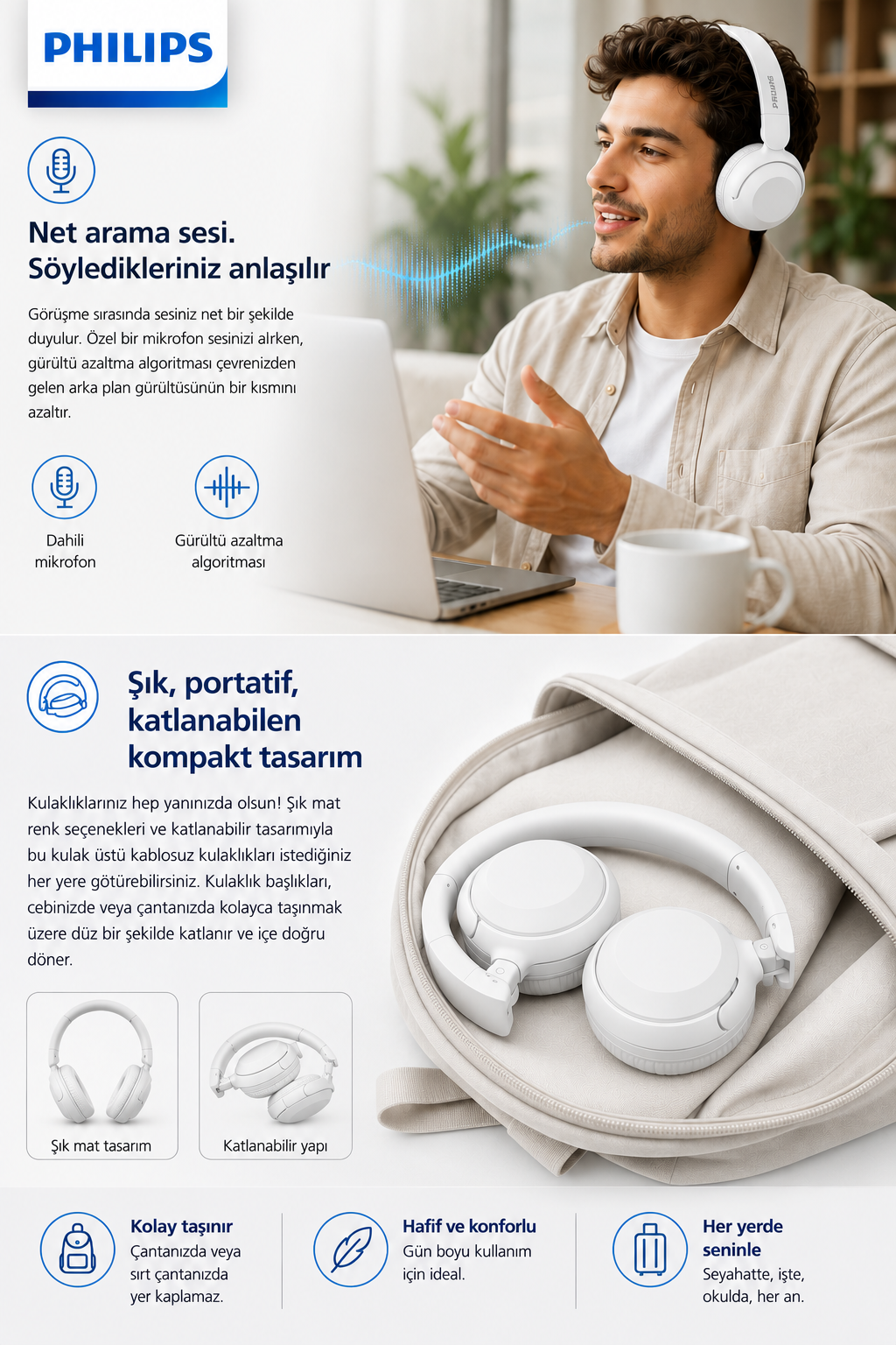 Bilgisayar başında beyaz kulaklıklı bir erkek ve sırt çantasında katlanmış beyaz kulaklık.