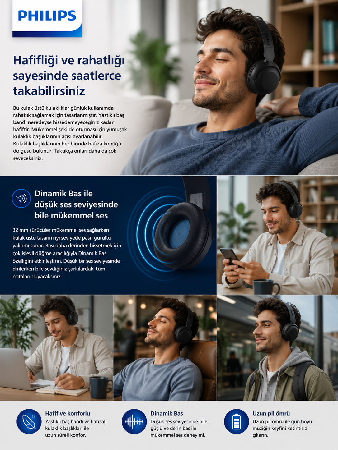 Müzik dinleyen ve ürünü tanıtan rahat bir erkeğin yer aldığı Philips kulak üstü kulaklık reklamı.