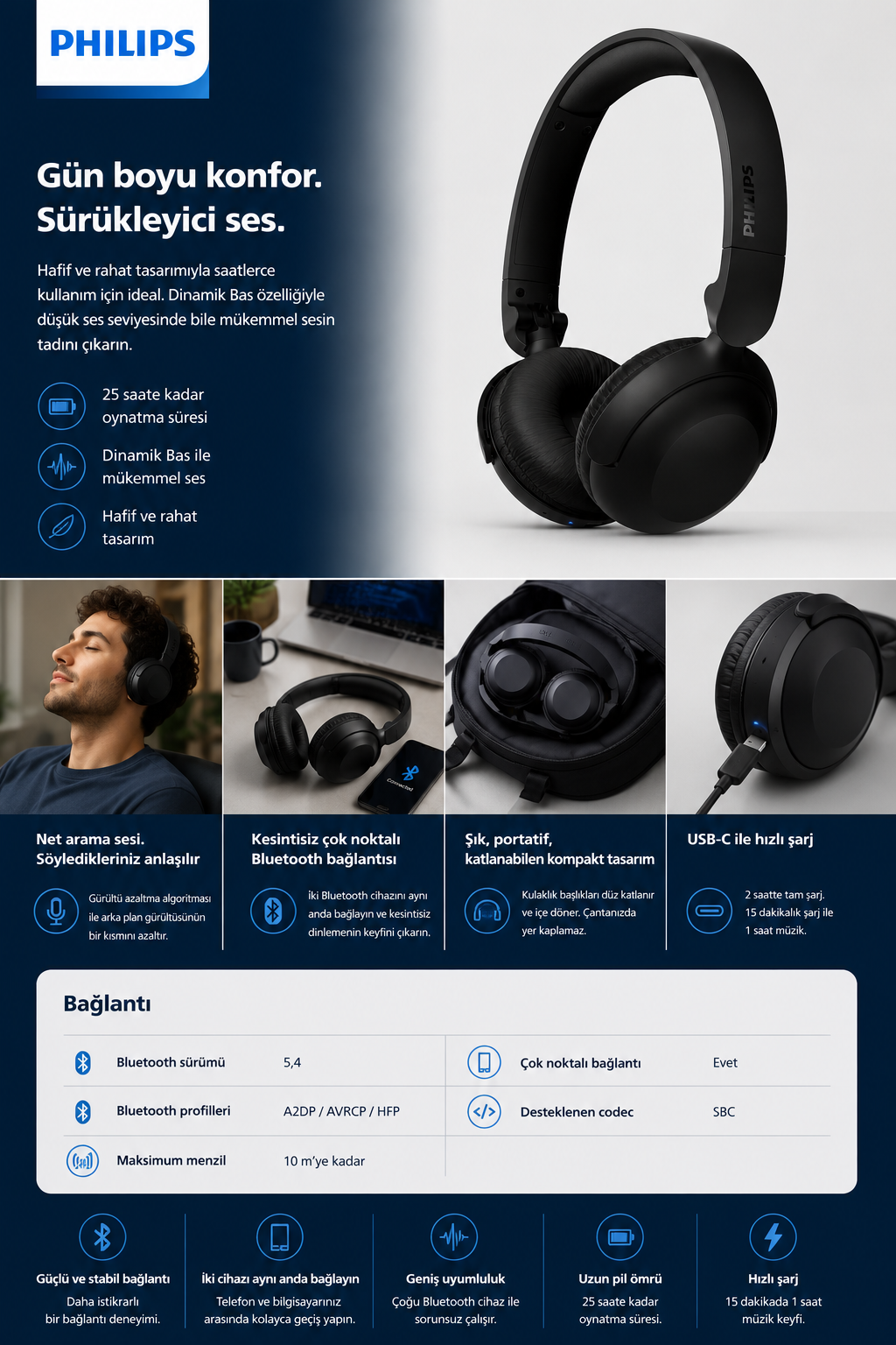 25 saat pil ömrü, dinamik bas ve USB-C hızlı şarj özelliklerine sahip Philips Bluetooth kulaklık.