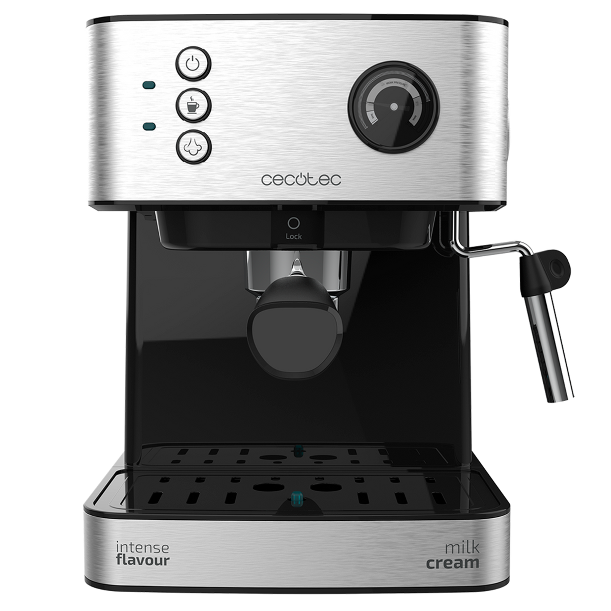 Una macchina da caffè Cecotec argentata e nera con pulsanti, manometro e lancia vapore su sfondo nero.