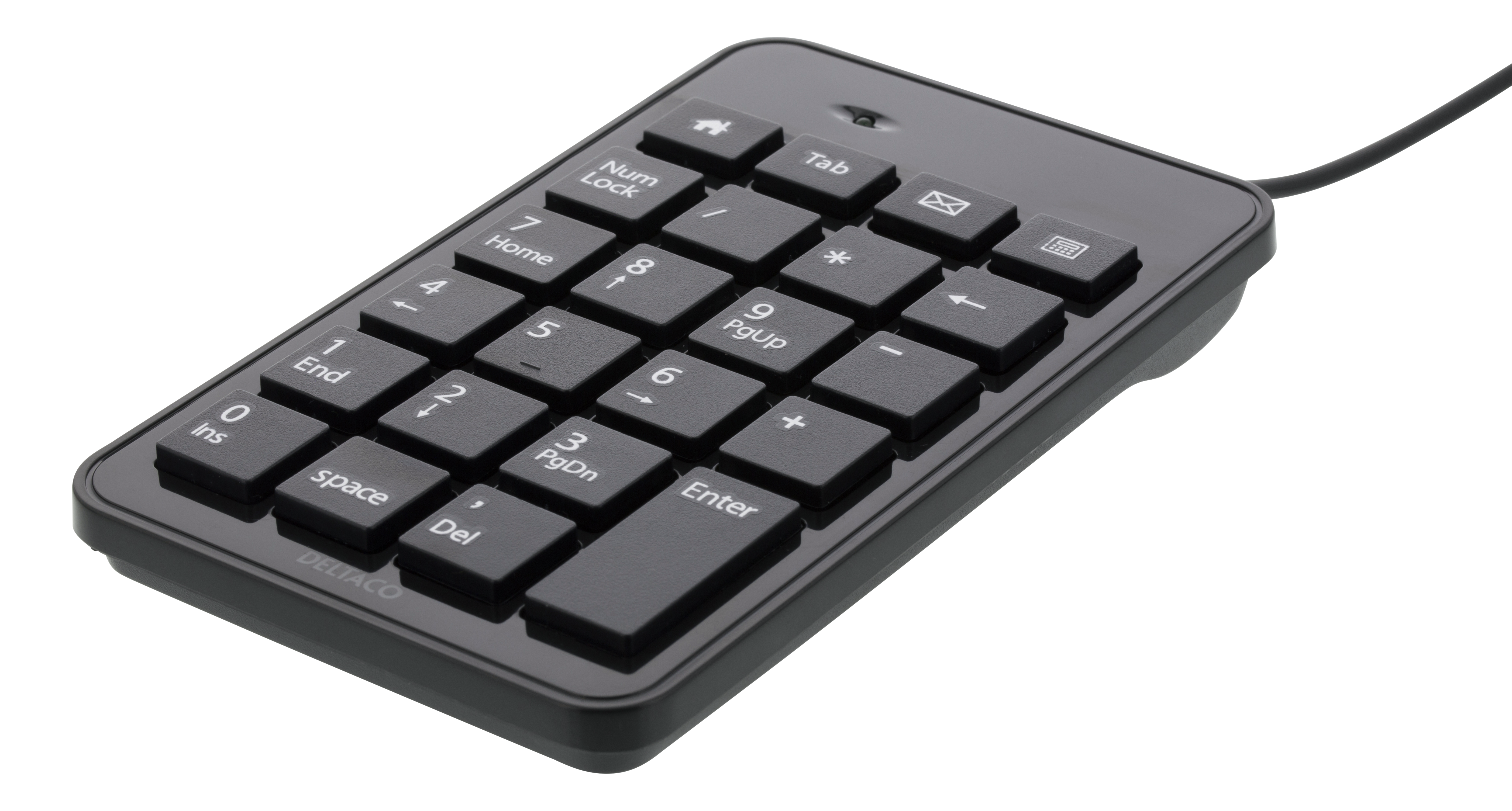 Un tastierino numerico cablato nero con scritta bianca e tasti funzione extra su sfondo nero.