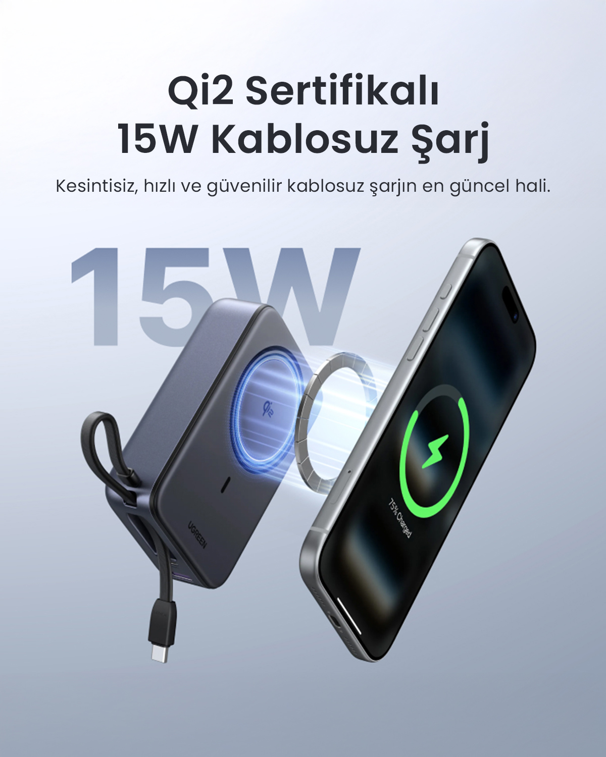 Qi2 sertifikalı 15W kablosuz şarj cihazı, manyetik olarak bir akıllı telefonu şarj ediyor.