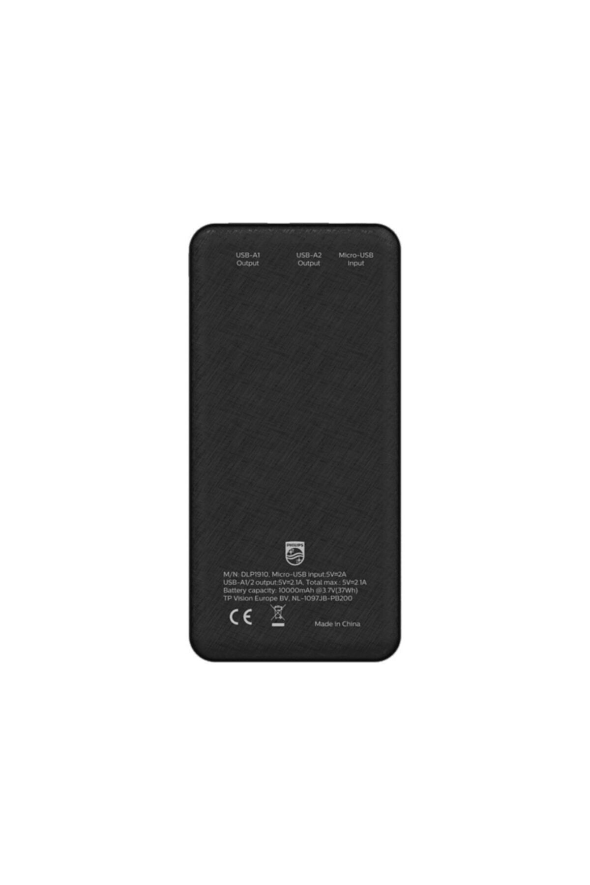 Ön yüzünde basılı teknik özellikler bulunan siyah Philips powerbank.