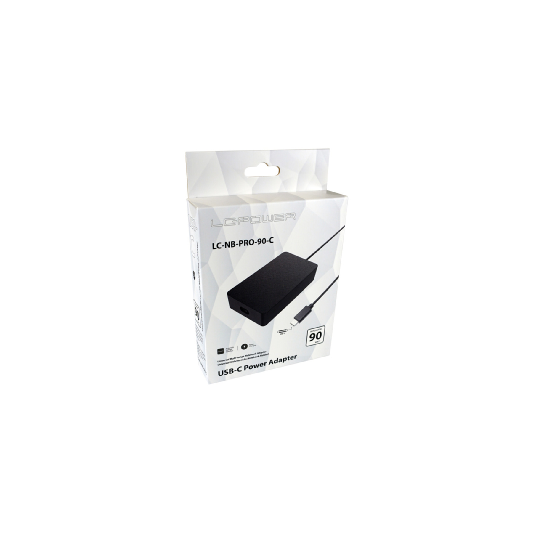 Scatola di prodotti per alimentatore USB-C LC-Power bianca con immagine di adattatore nero.