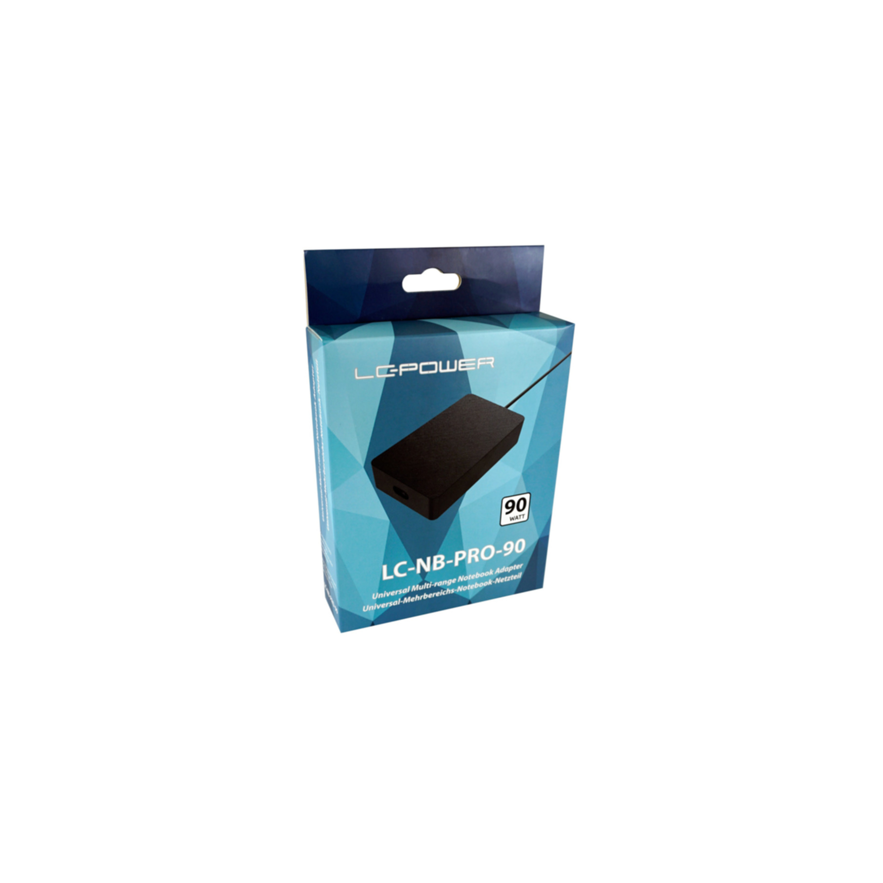 Scatola blu dell'adattatore universale per notebook LC-Power LC-NB-PRO-90 da 90 watt su sfondo bianco.