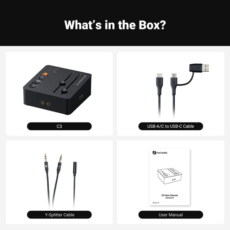 Contenuto della confezione con mixer audio C3, cavo USB, cavo sdoppiatore Y e manuale.