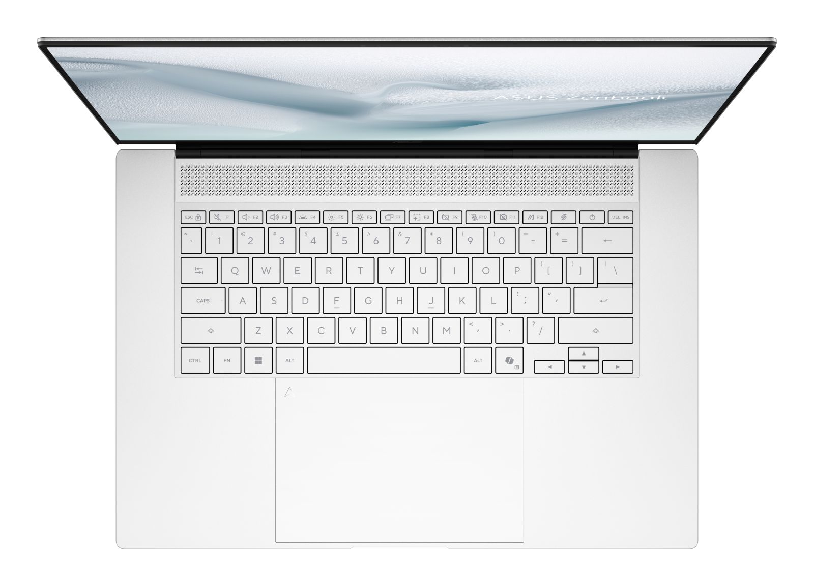 Top-down-Ansicht eines silbernen Laptops mit weißer Tastatur und einem hellen Hintergrund auf dem Bildschirm.