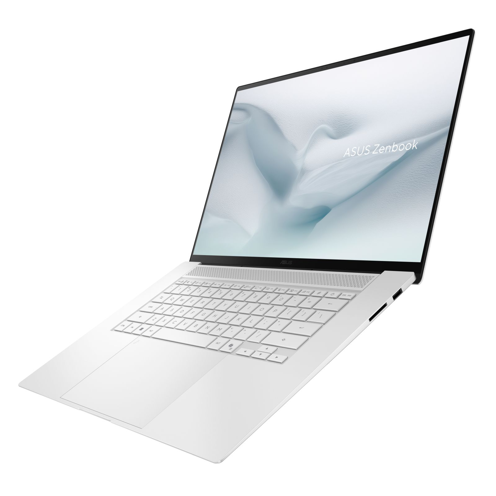 Ein silberner ASUS Zenbook Laptop offen vor weißem Hintergrund mit abstraktem Bildschirm.