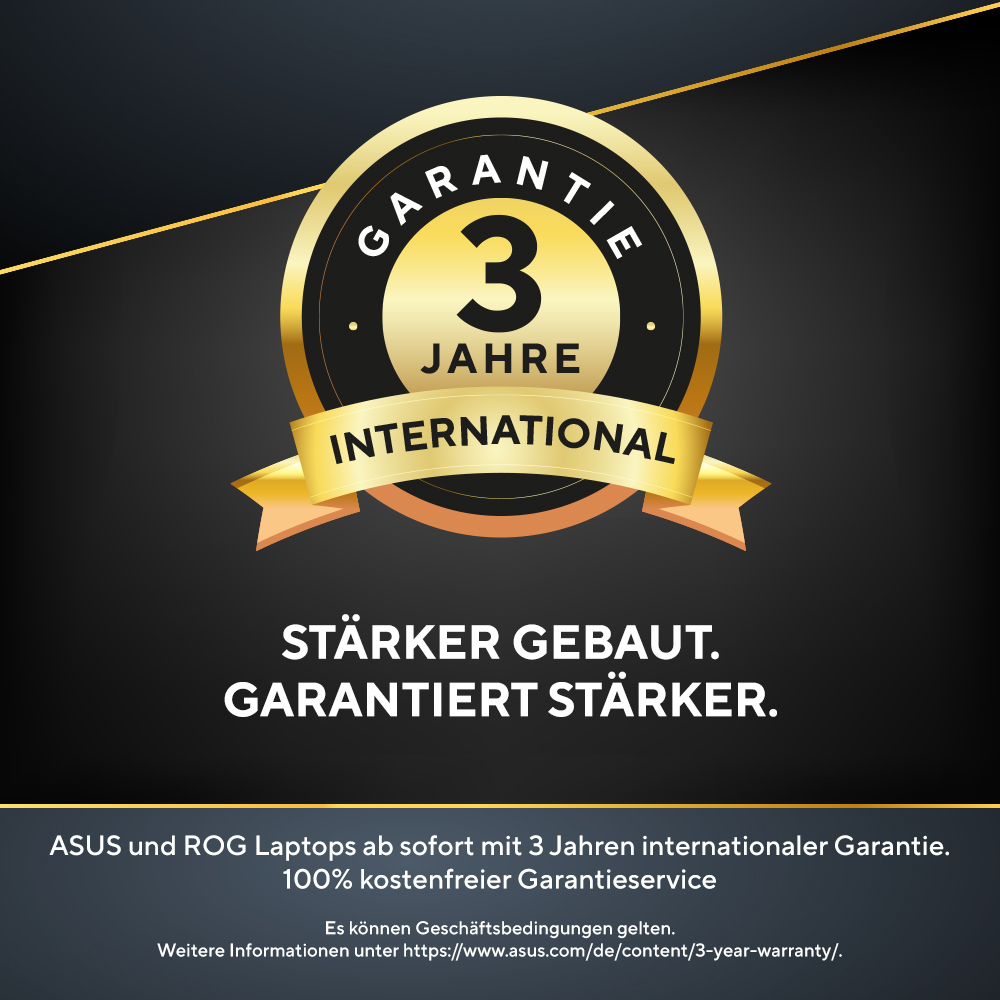 Goldenes Siegel mit 3 Jahren internationaler Garantie auf schwarzem Hintergrund mit Text.