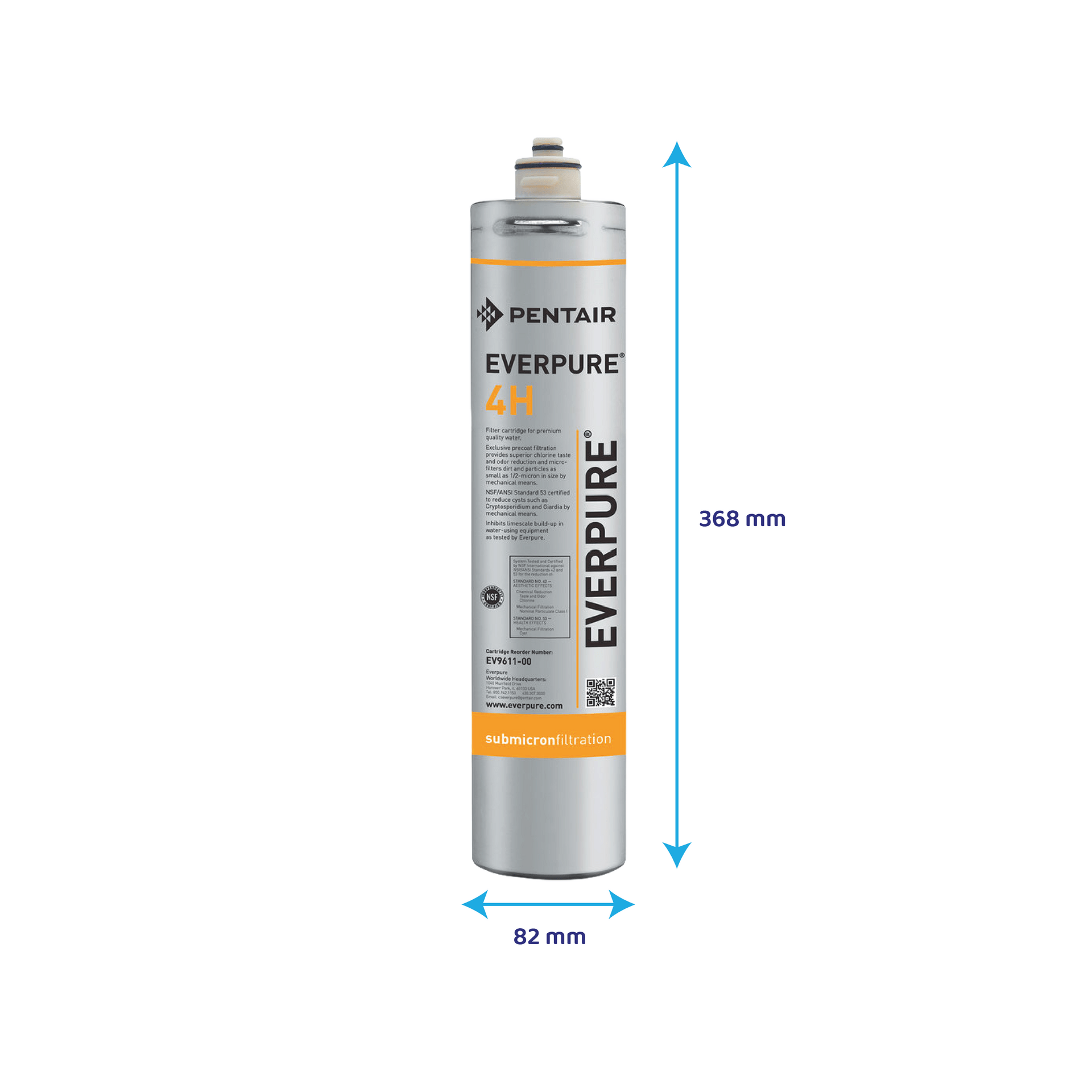 Silberne Pentair Everpure 4H Wasserfilterkartusche mit Maßangaben von 368 mm Höhe und 82 mm Breite.