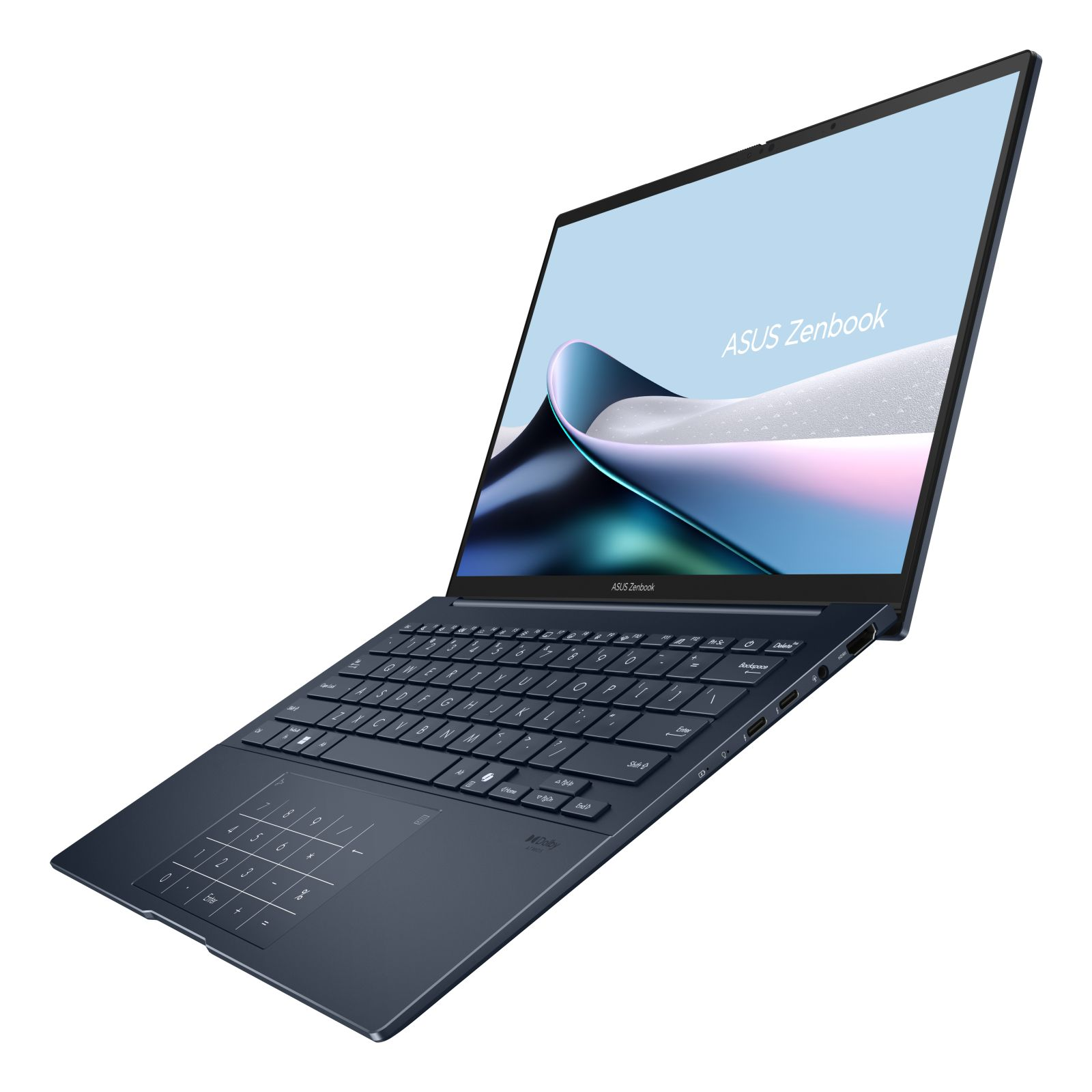 Ein blauer ASUS Zenbook Laptop steht offen vor einem weißen Hintergrund und zeigt ein abstraktes Bildschirmdesign.