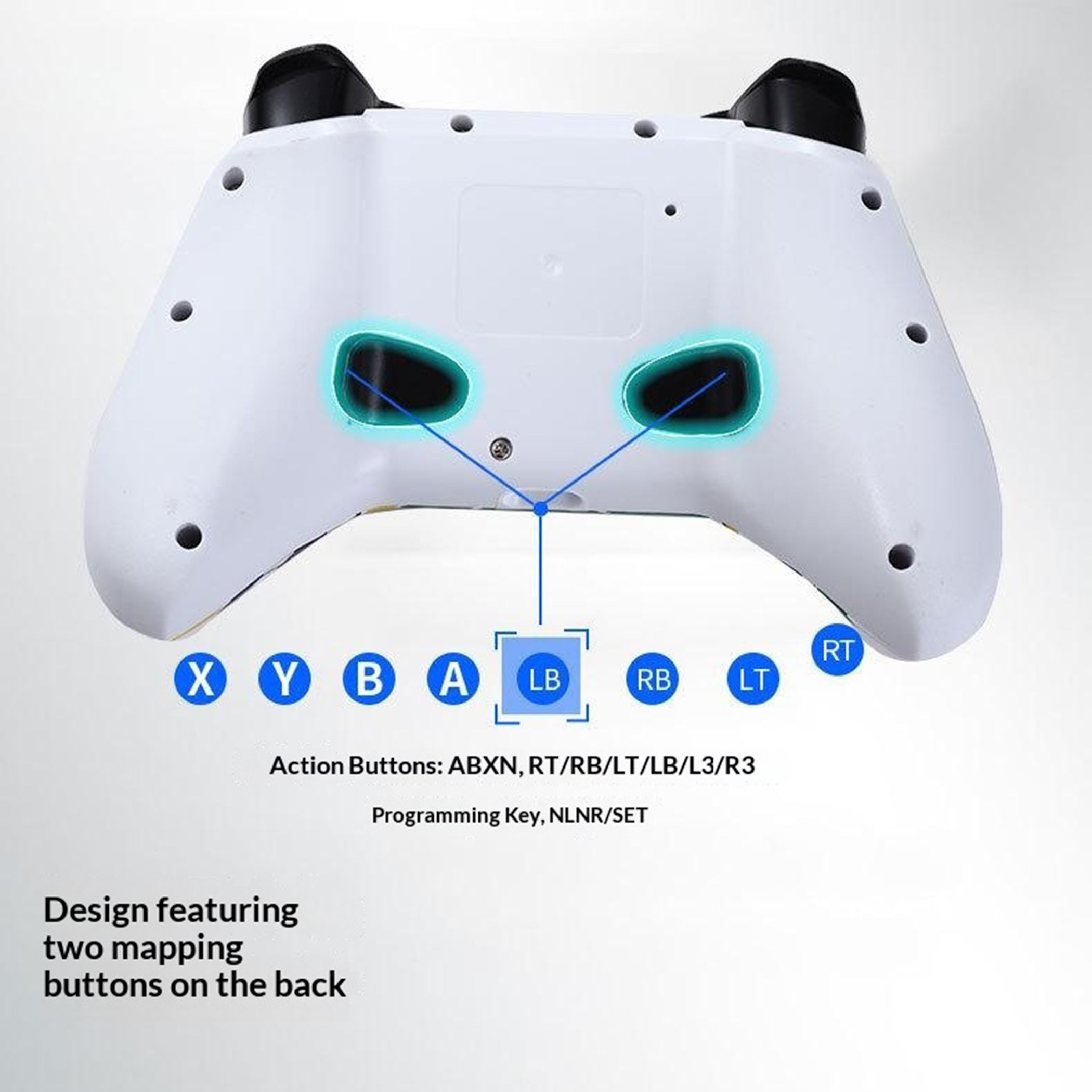 Rückseite eines weißen Controllers mit zwei programmierbaren Tasten und Tastenbezeichnungen.