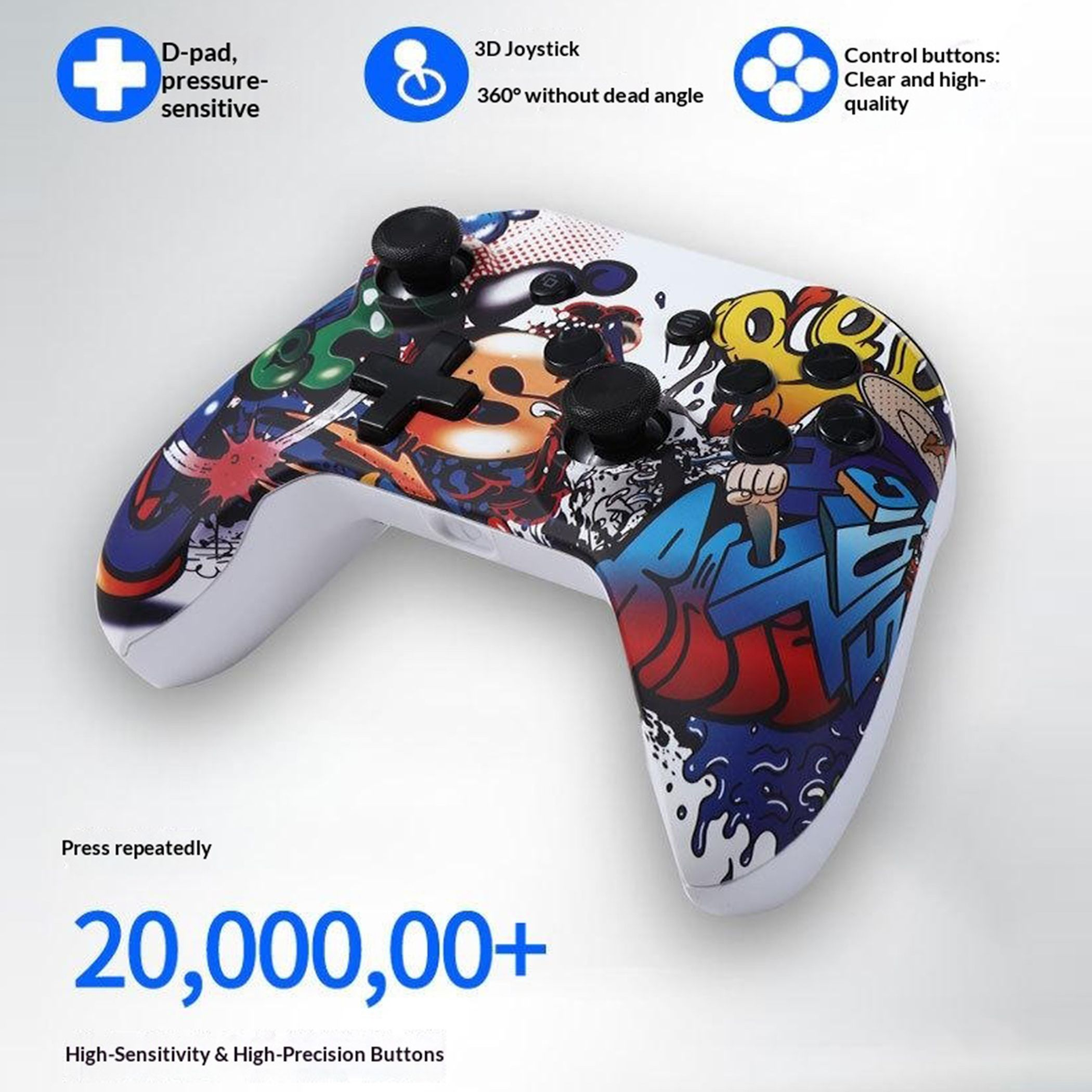 Graffiti-Muster-Gamepad mit Joysticks, D-Pad und Tasten.