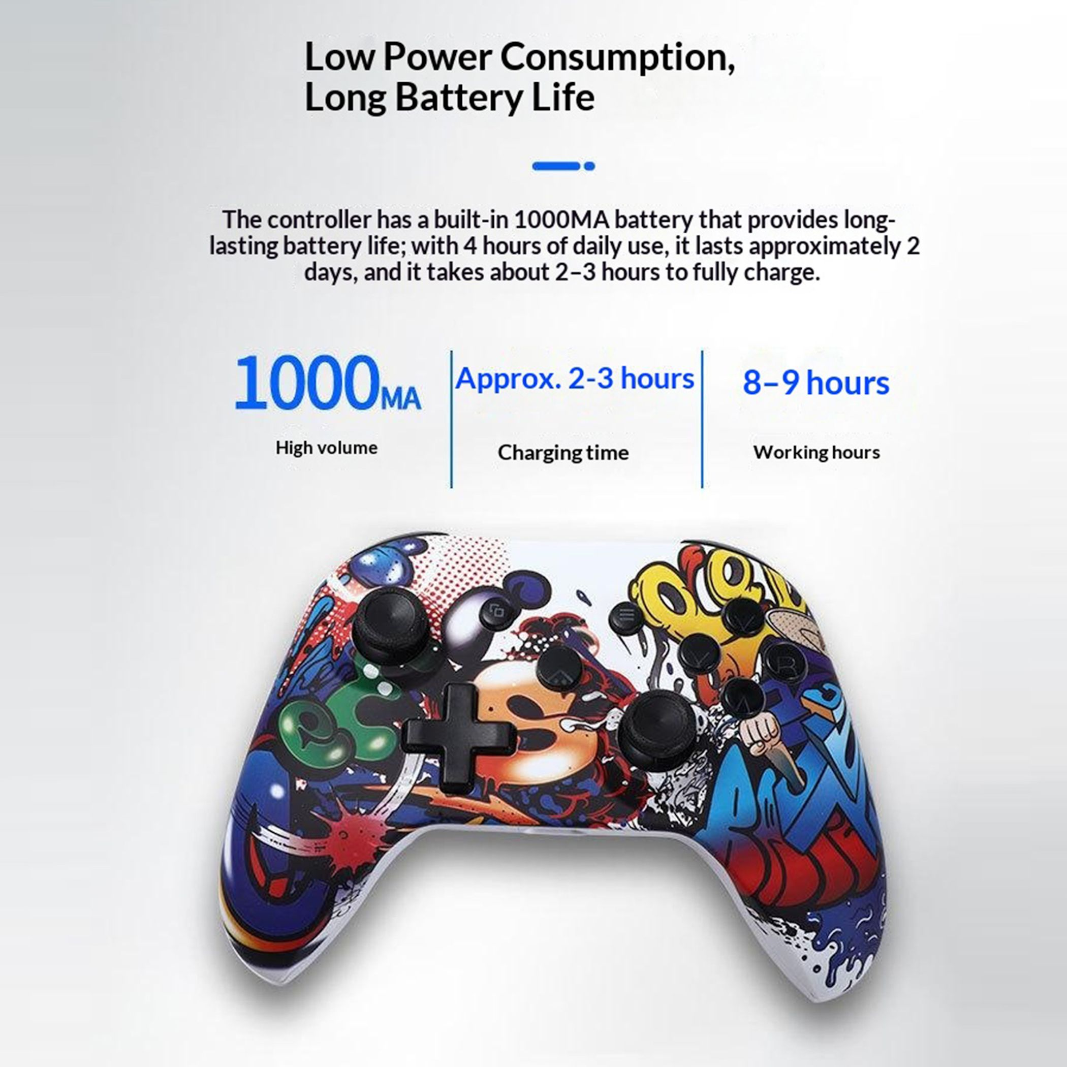 Grafik zeigt Gamecontroller mit 1000MA Akku, 2-3 Stunden Ladezeit und 8-9 Stunden Betriebszeit.