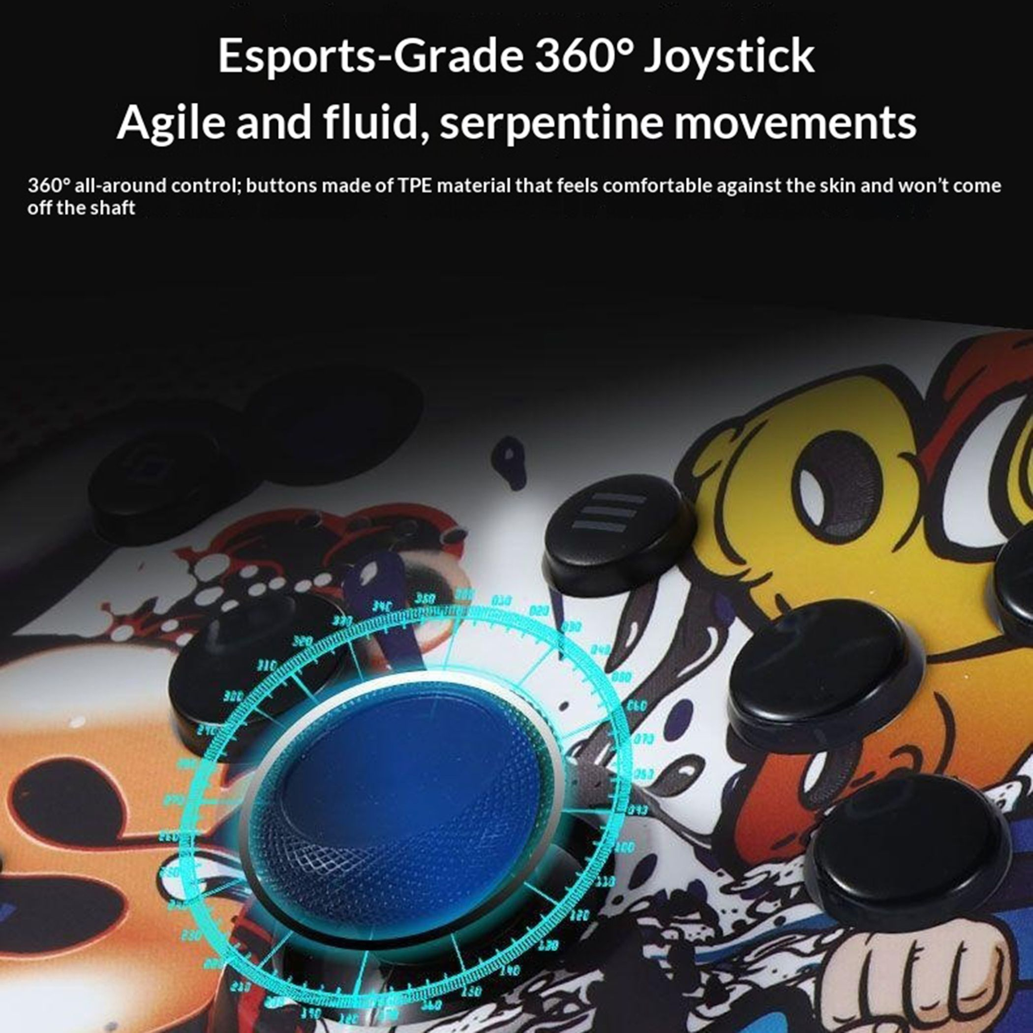 Gaming-Joystick mit 360-Grad-Steuerung und bunten Grafiken.