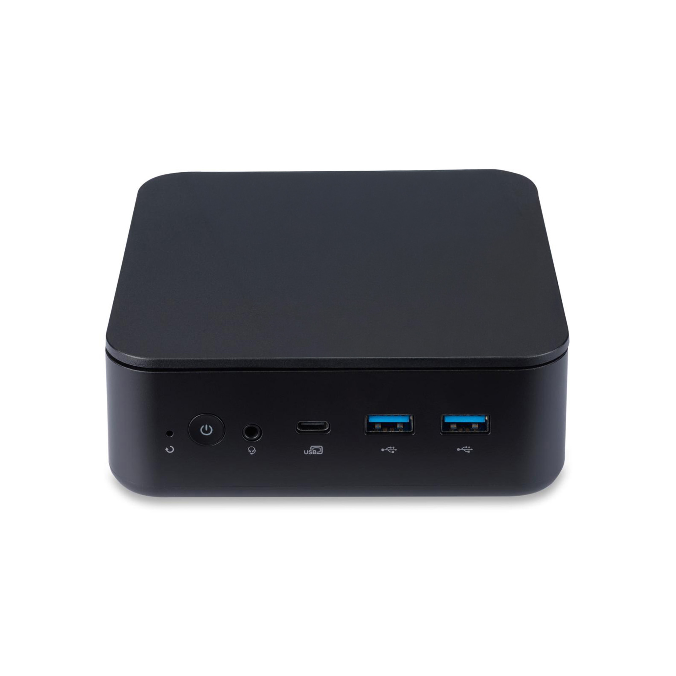 Schwarzer Mini-PC mit Frontanschlüssen wie USB, Audio und Power-Button.