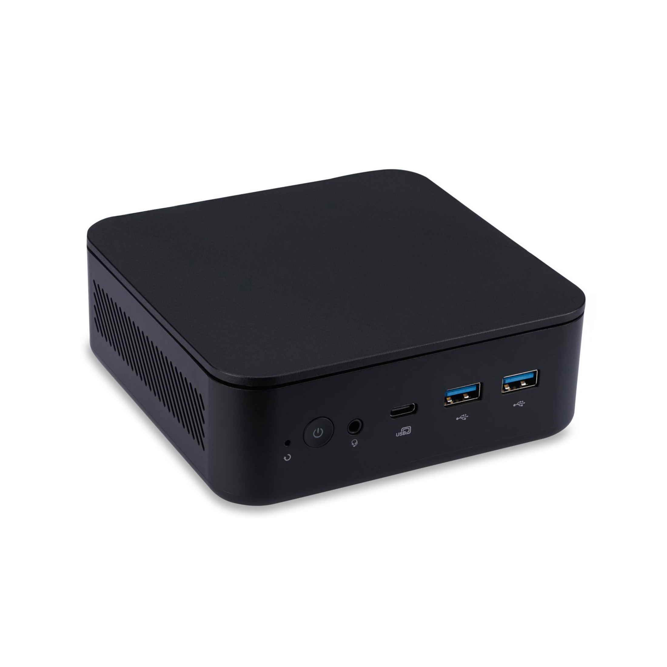 Schwarzer Mini-PC mit Front-Anschlüssen wie USB, Audio-Buchse und Ein/Aus-Schalter auf weißem Hintergrund.