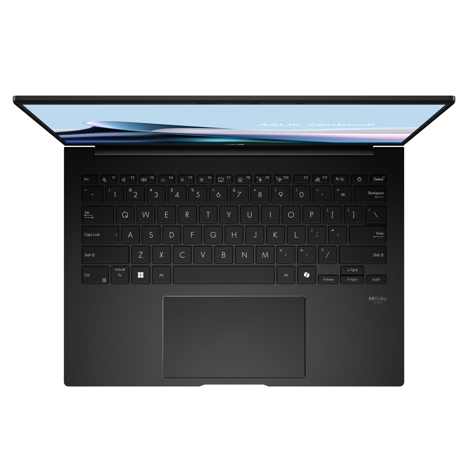 Draufsicht auf einen schwarzen Asus Zenbook Laptop mit geöffnetem Display, QWERTY-Tastatur und großem Touchpad.