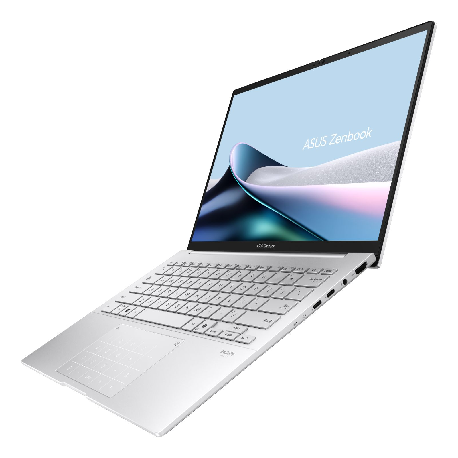Ein silberner ASUS Zenbook Laptop steht offen auf weißem Hintergrund und zeigt einen hellen Bildschirm.