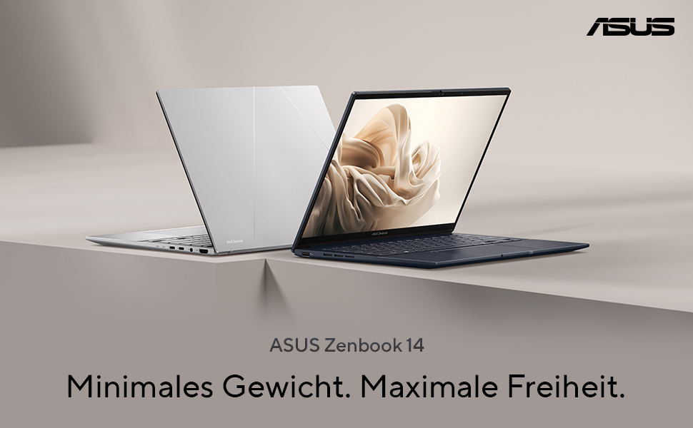 Zwei ASUS Zenbook 14 Laptops in Silber und Dunkelblau stehen auf einem Tisch.