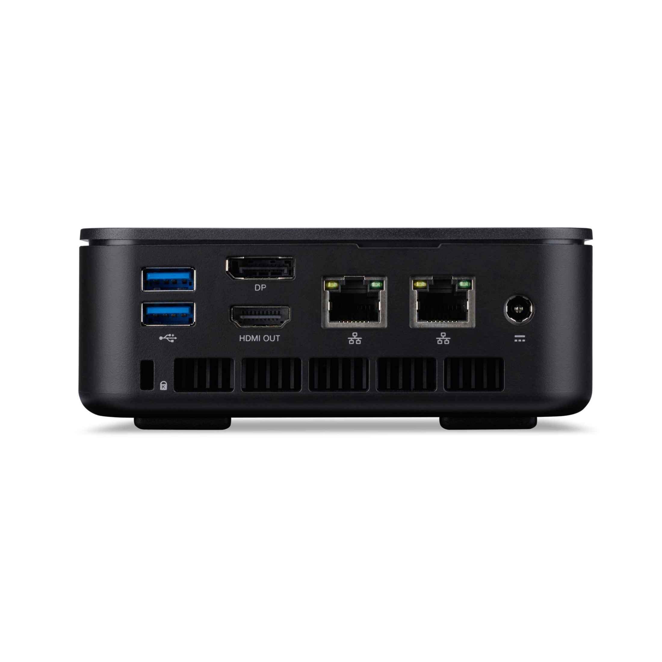 Rückseite eines schwarzen Mini-PCs mit USB-, HDMI-, DisplayPort-, zwei LAN-Anschlüssen und Stromeingang.