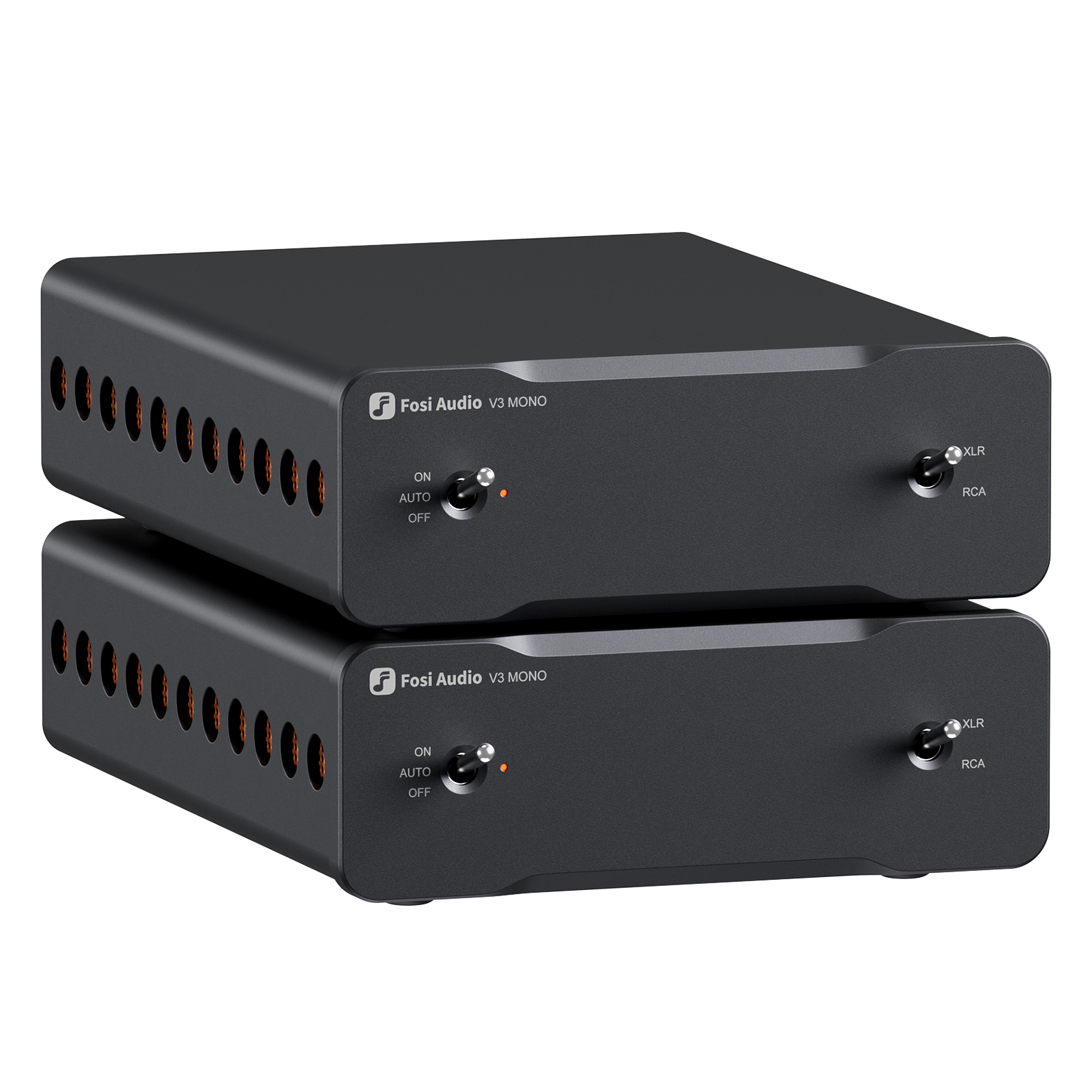 Dwa czarne wzmacniacze Fosi Audio V3 Mono ułożone pionowo, z przełącznikami z przodu i otworami wentylacyjnymi.
