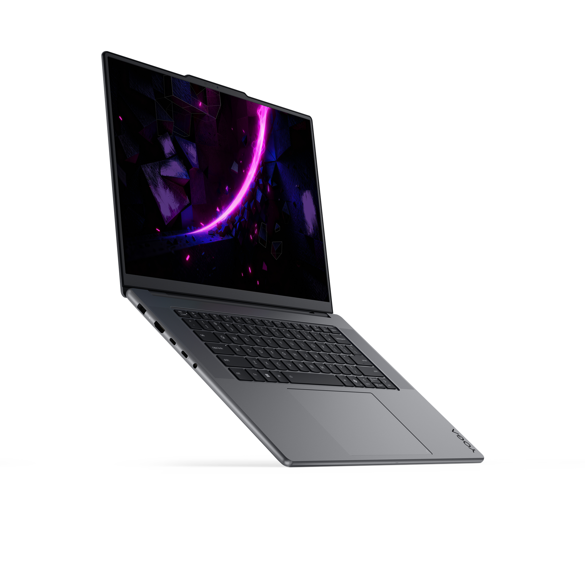 Ein grauer Laptop auf weißem Hintergrund zeigt einen bunten abstrakten Bildschirm.